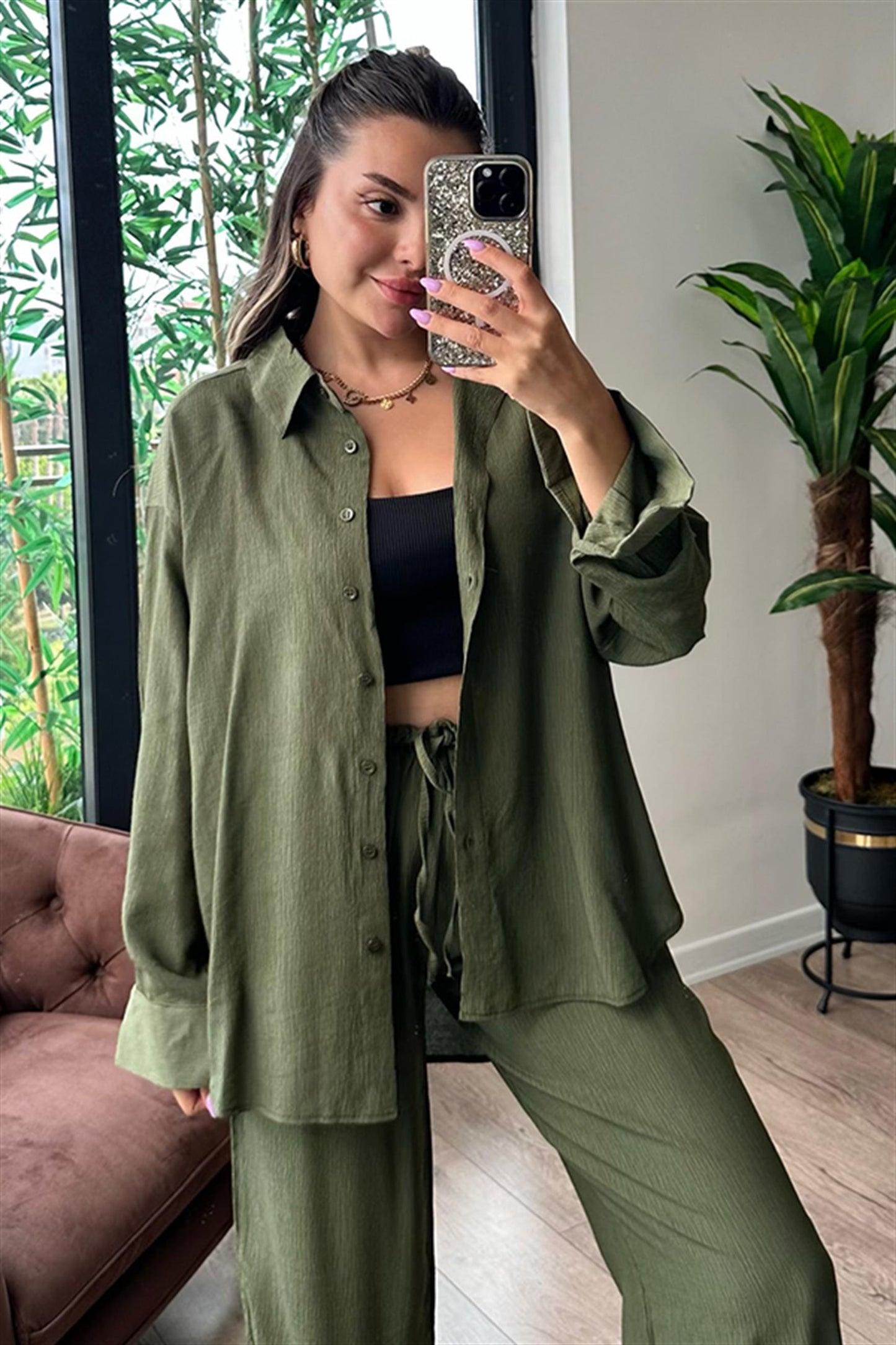 Vermont haki yeşil gömlekli takım