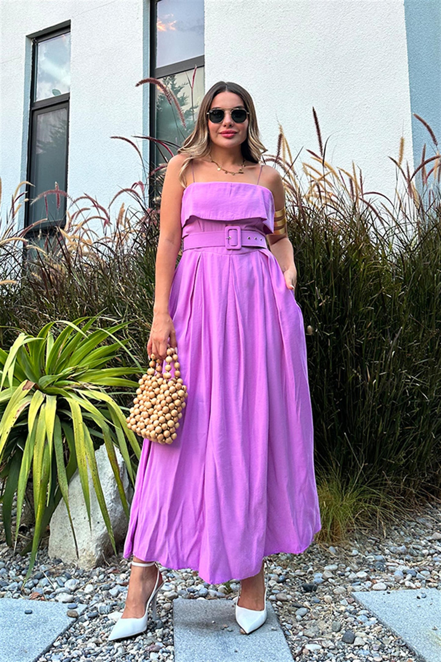 Vest pembe kemerli poplin premium elbise