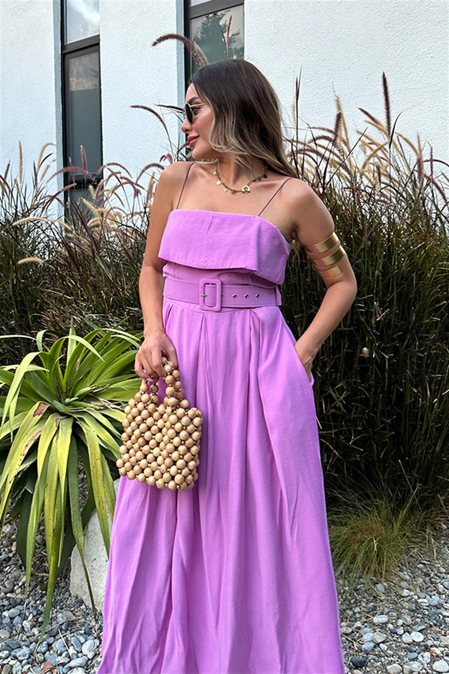 Vest pembe kemerli poplin premium elbise