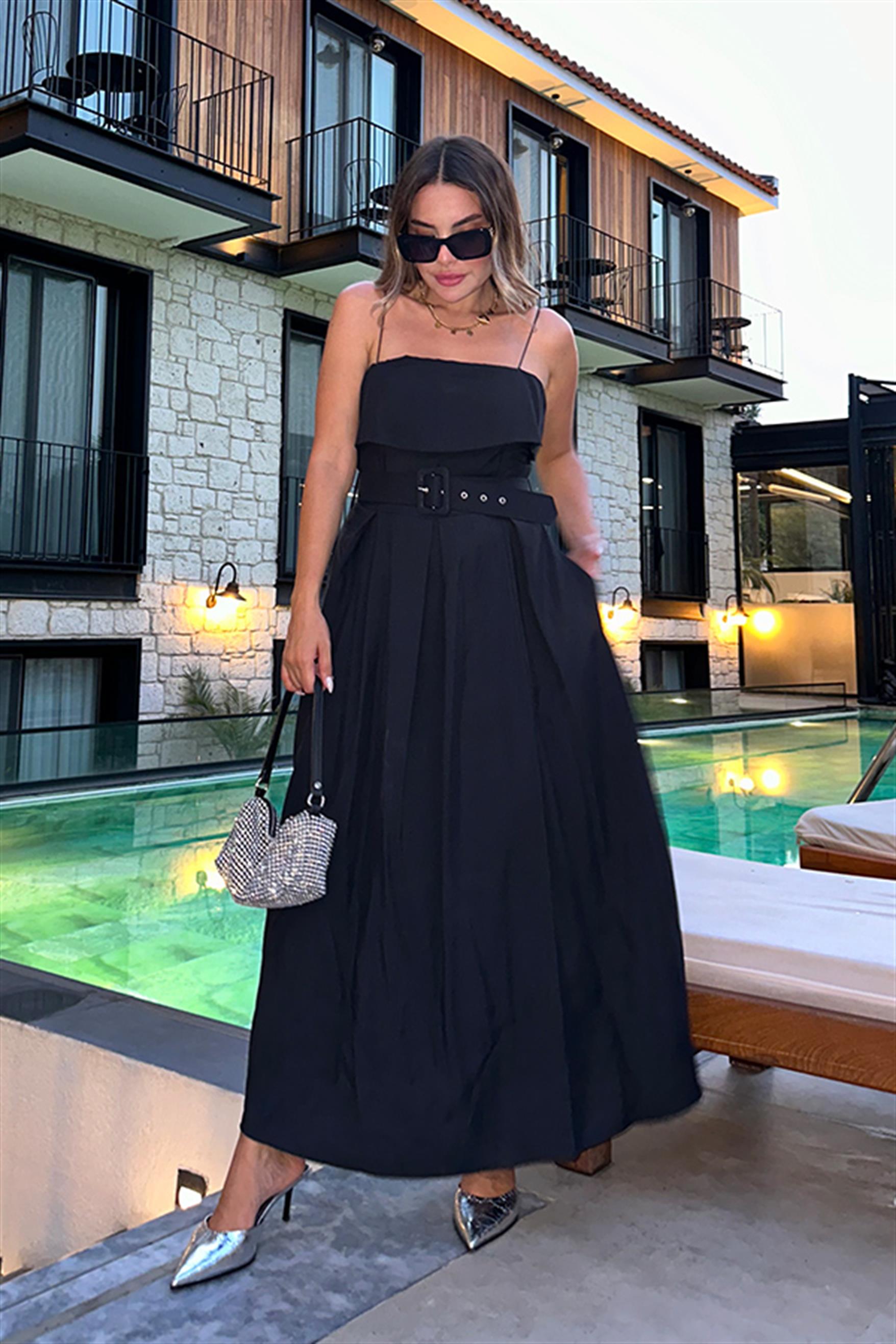 Vest siyah kemerli poplin premium elbise