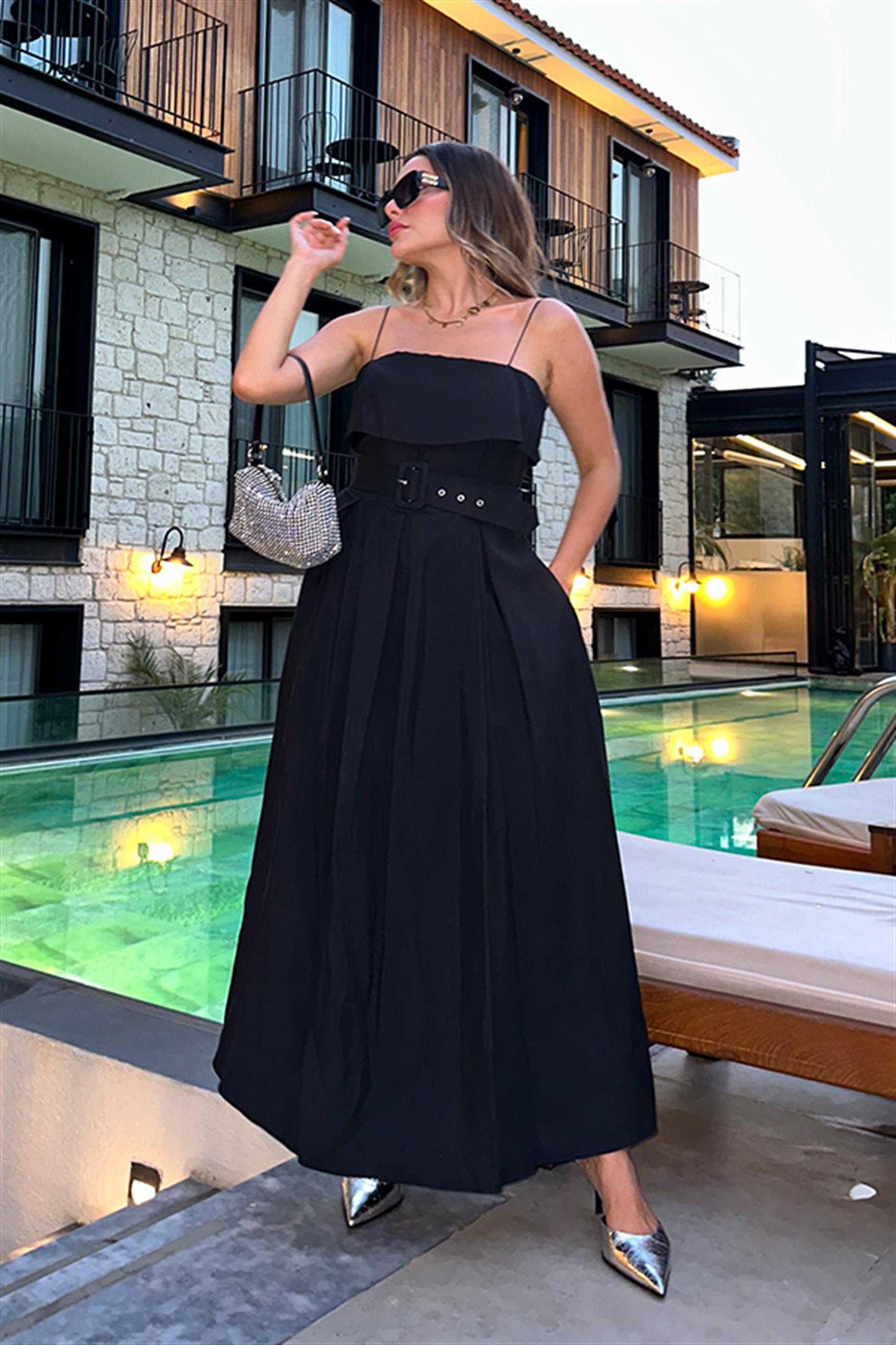 Vest siyah kemerli poplin premium elbise