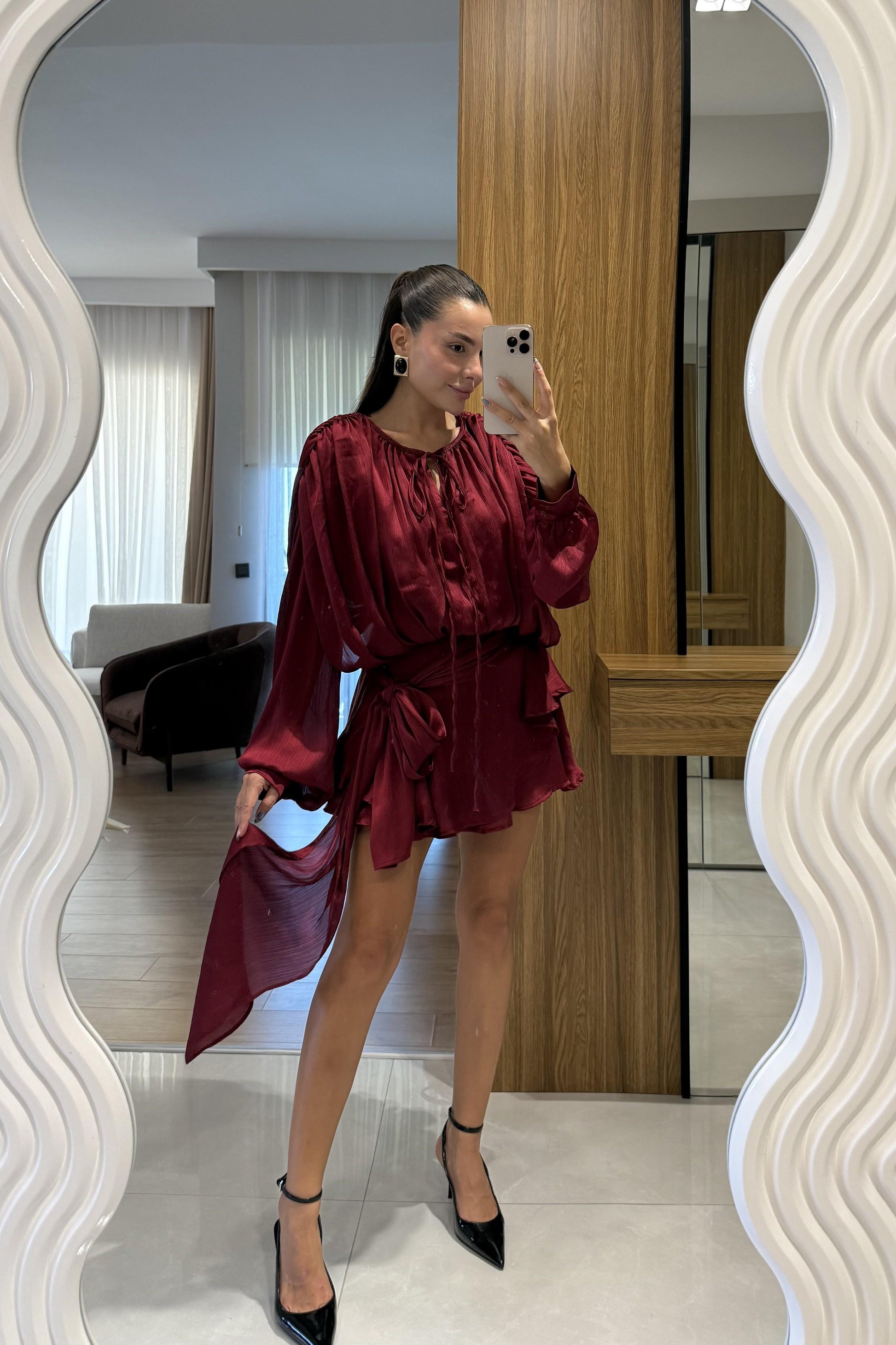 Vestida Bordo İçi Şortlu Tasarım Elbise