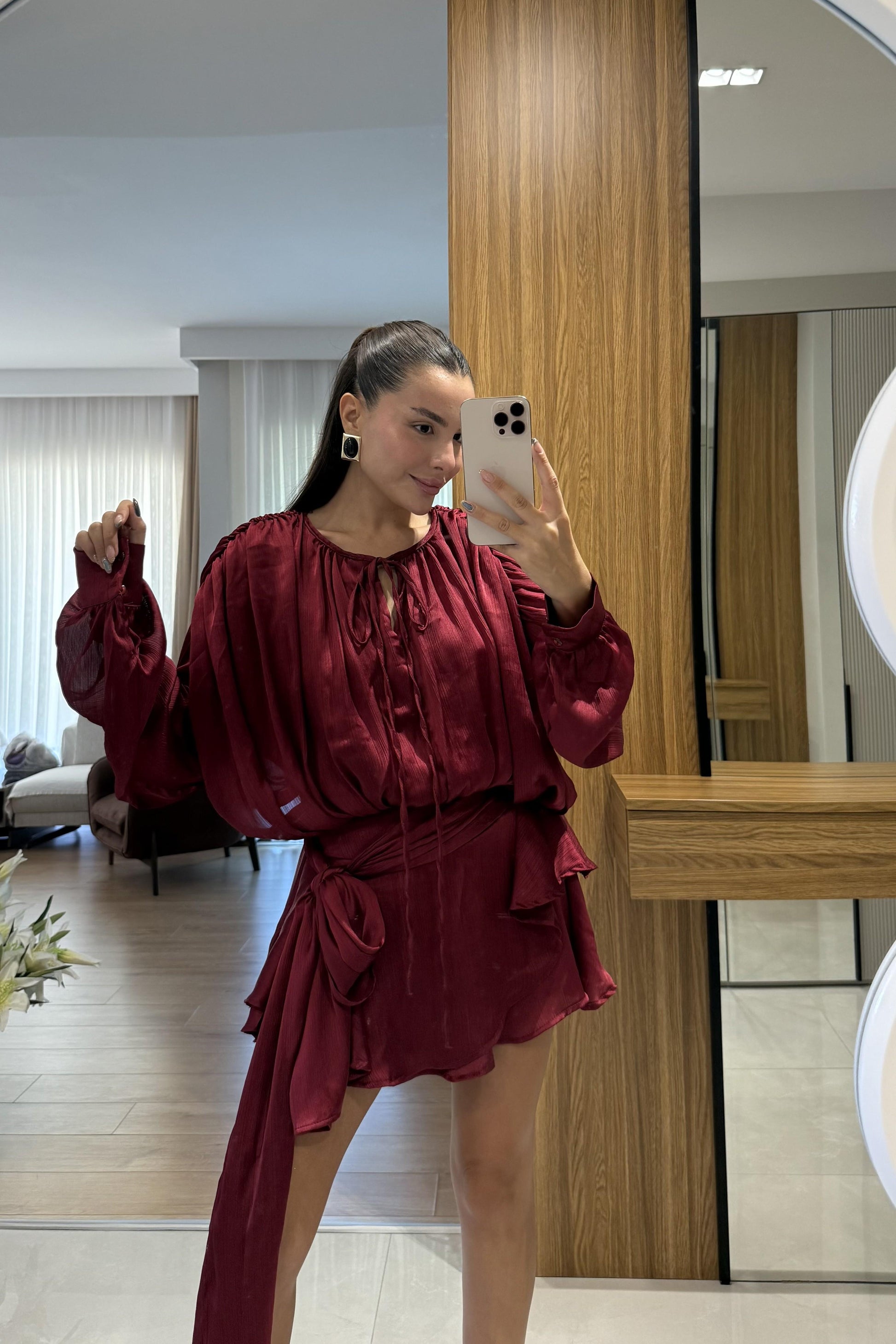 Vestida Bordo İçi Şortlu Tasarım Elbise