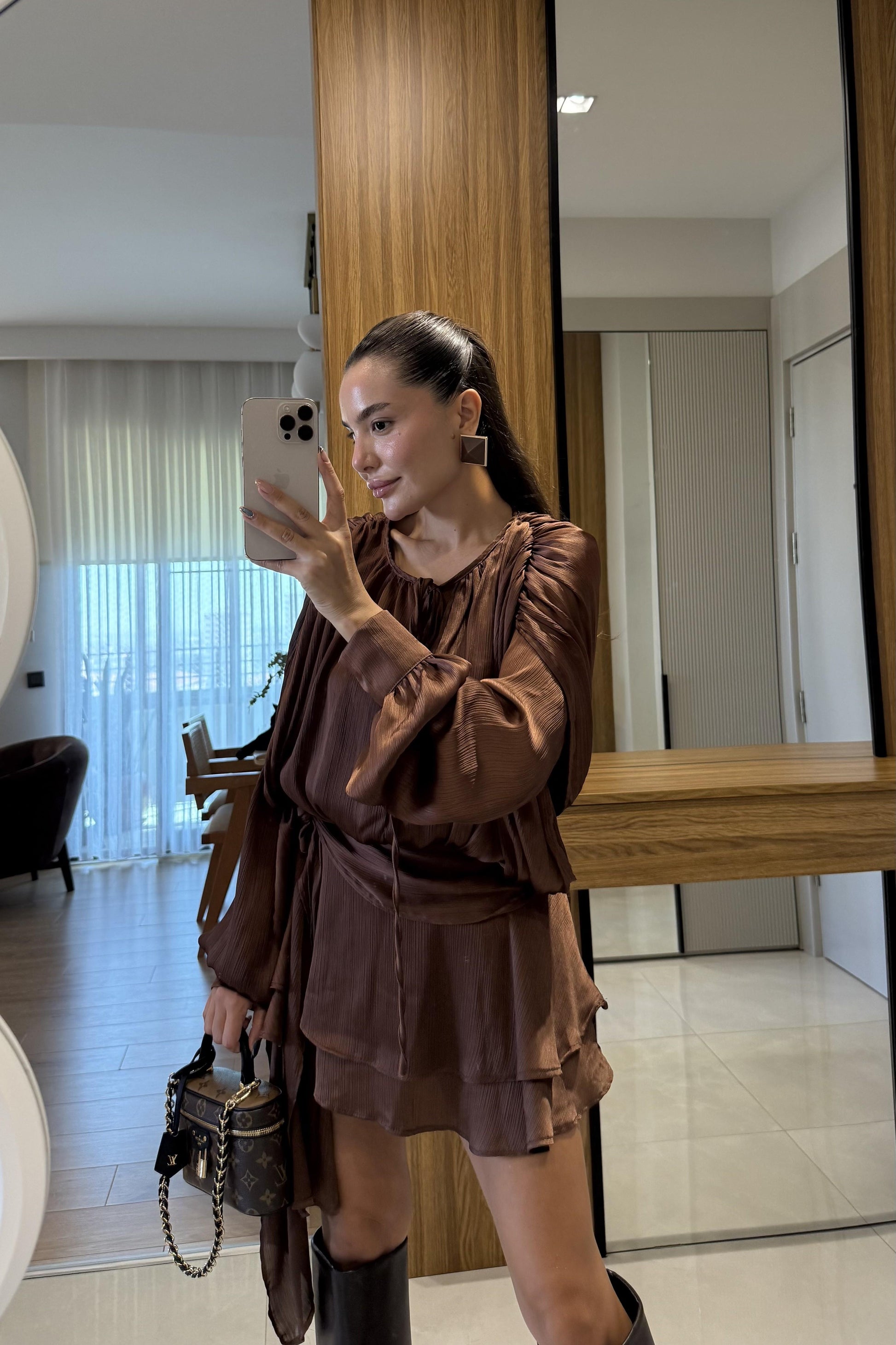 Vestida Kahve İçi Şortlu Tasarım Elbise