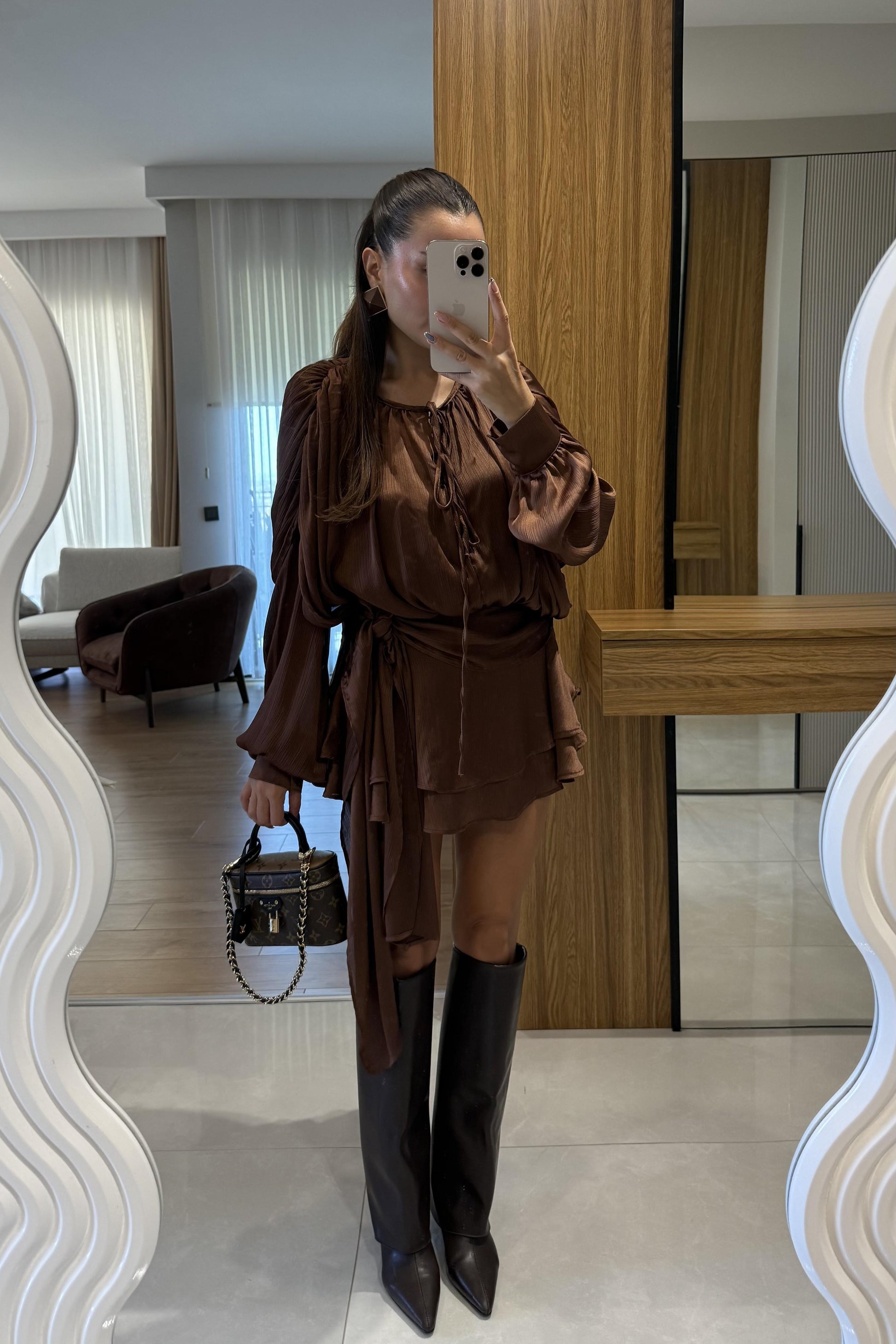 Vestida Kahve İçi Şortlu Tasarım Elbise