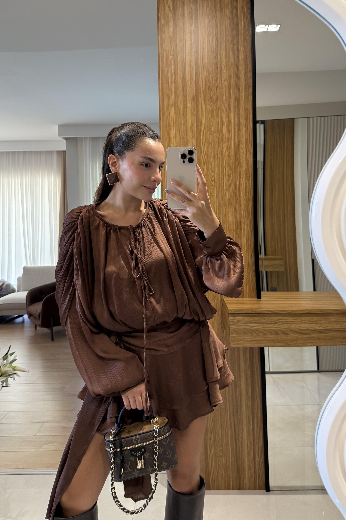 Vestida Kahve İçi Şortlu Tasarım Elbise