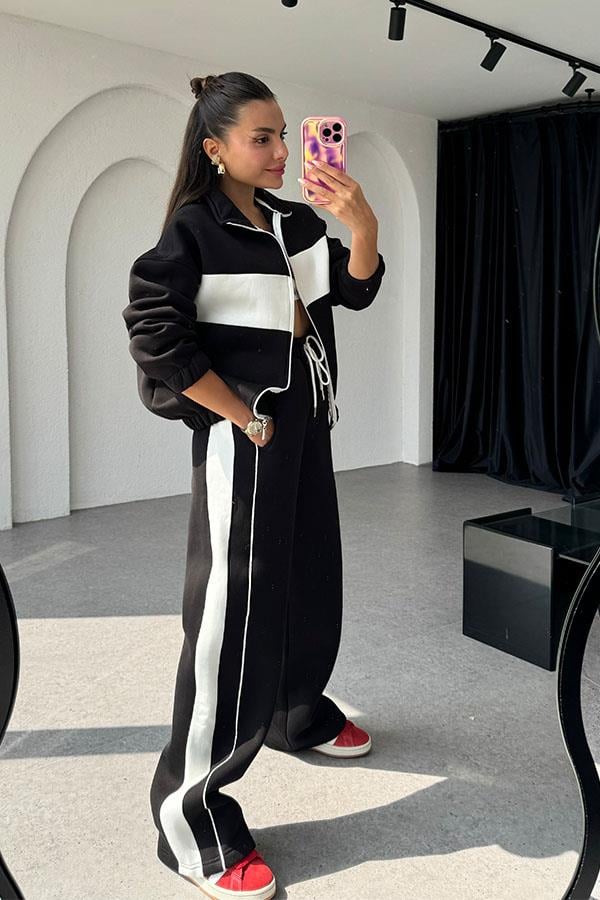 Vestido 3 İplik Şeritli Eşofman Takım - Siyah