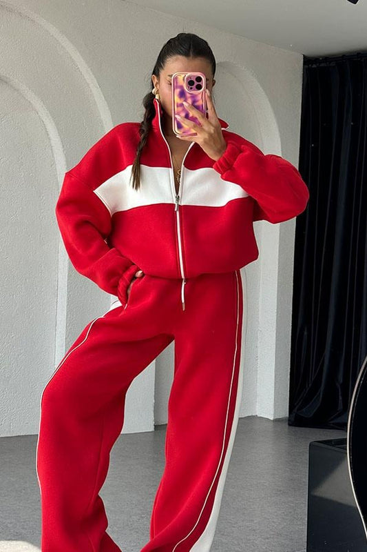 Vestido 3 İplik Şeritli Eşofman Takım - Kırmızı