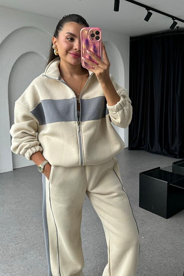 Vestido 3 İplik Şeritli Eşofman Takım - Krem