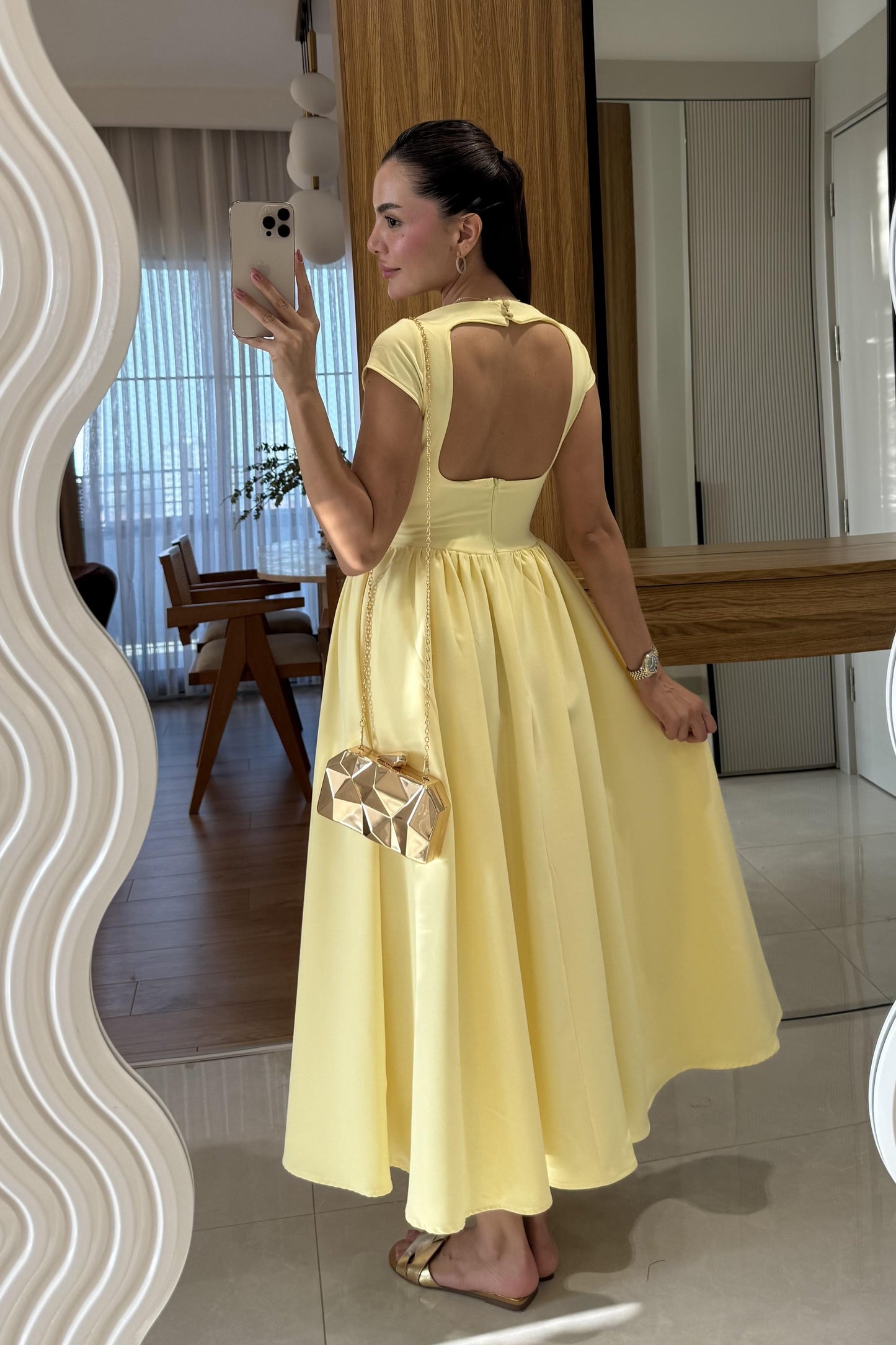 Vexia Sarı Belden Oturtmalı Elbise