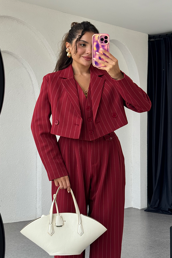 Viana bordo çizgili mini crop ceket