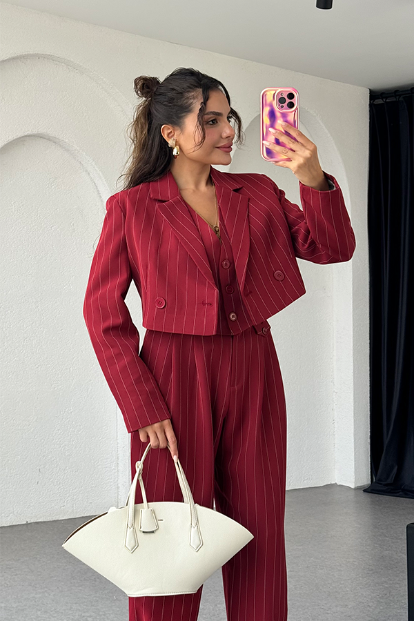 Viana bordo çizgili mini crop ceket