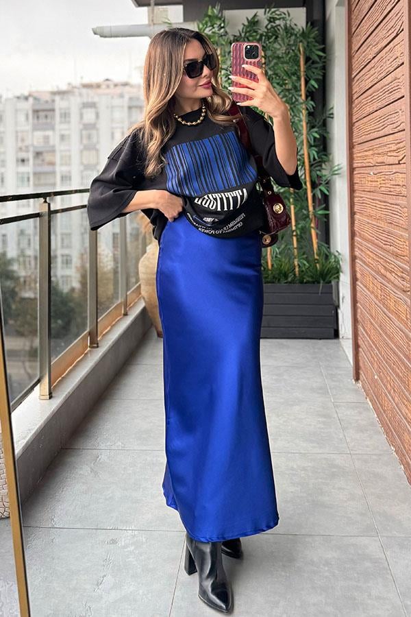 Vıbes Saten Etekli İkili Takım - Saks Mavi