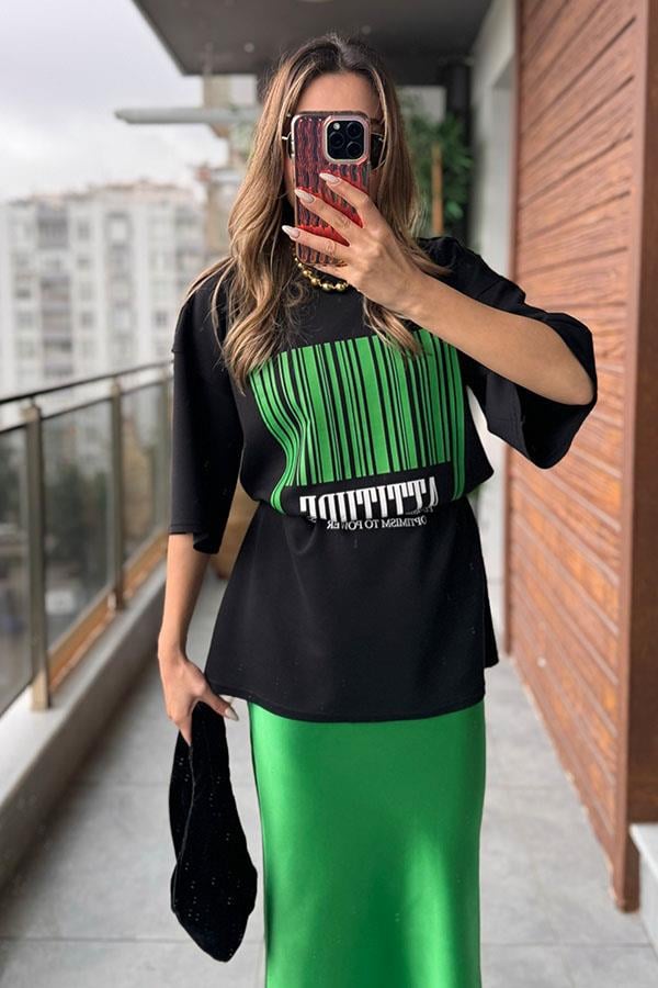 Vıbes Saten Etekli İkili Takım - Yeşil