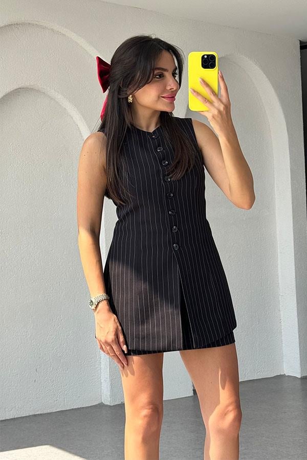 Vienna Çizgili Yelekli Tasarım Takım-Siyah