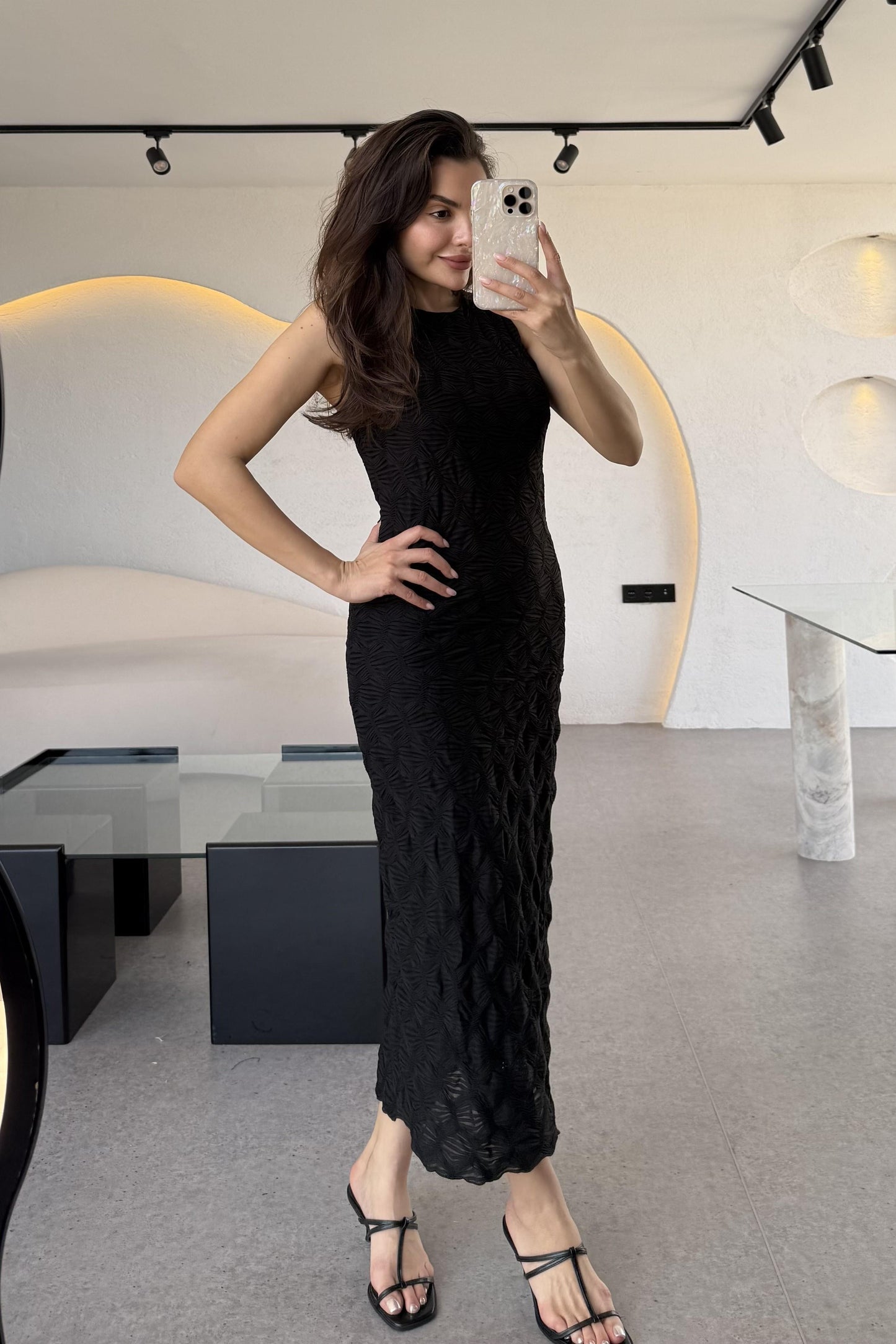 Viose Kolsuz Kendinden Desenli Elbise