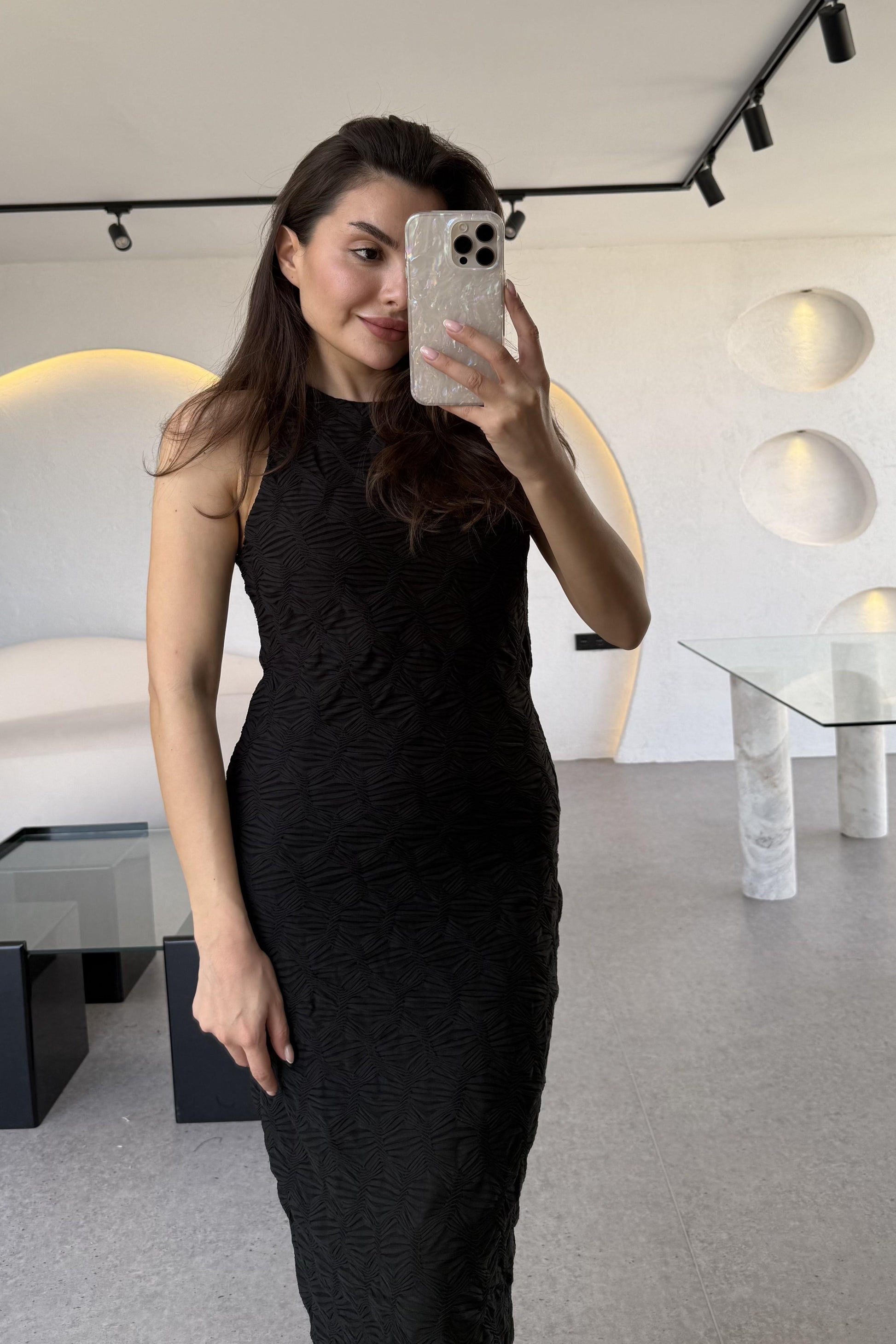 Viose Kolsuz Kendinden Desenli Elbise