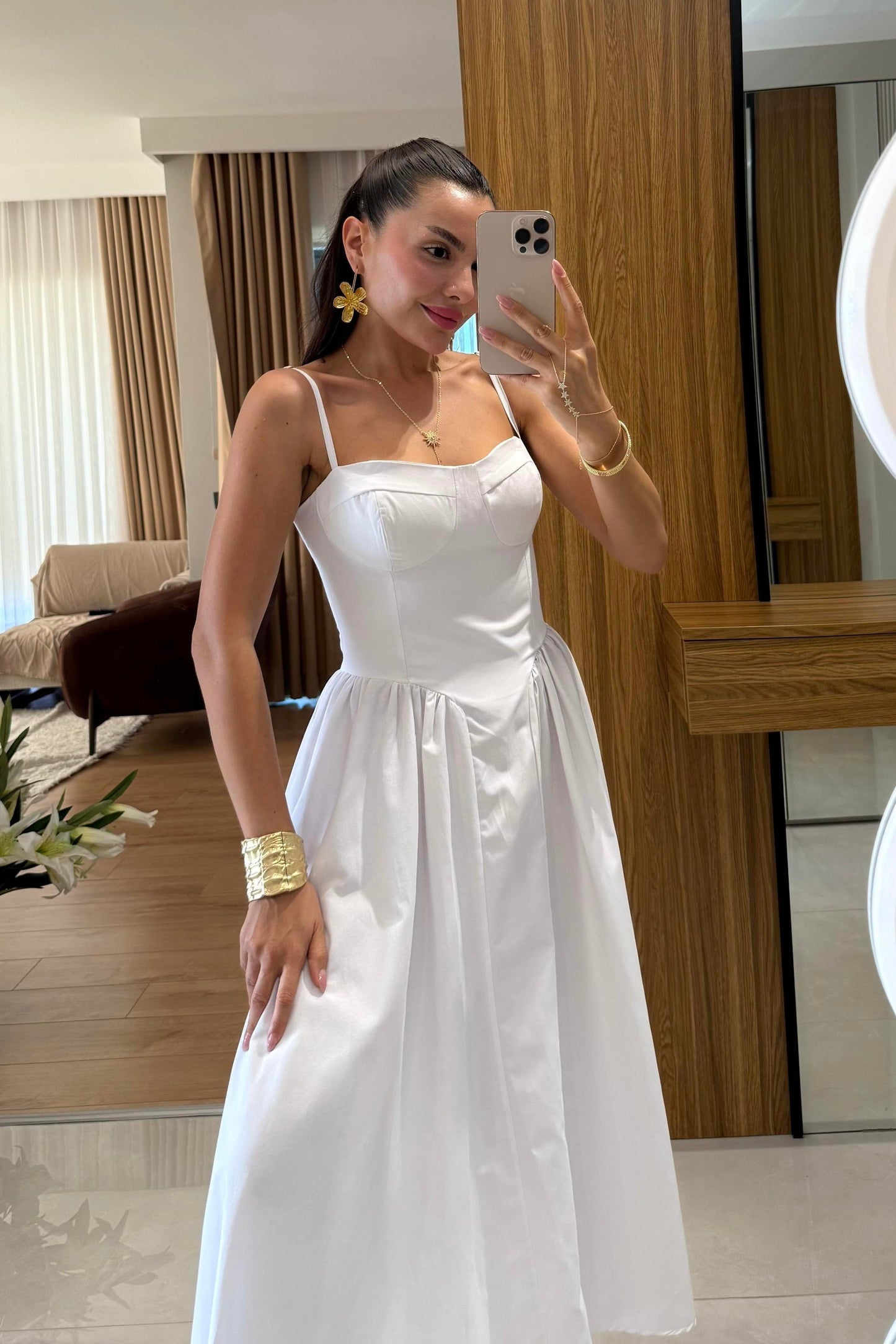 Virel Beyaz Askılı Poplin Elbise