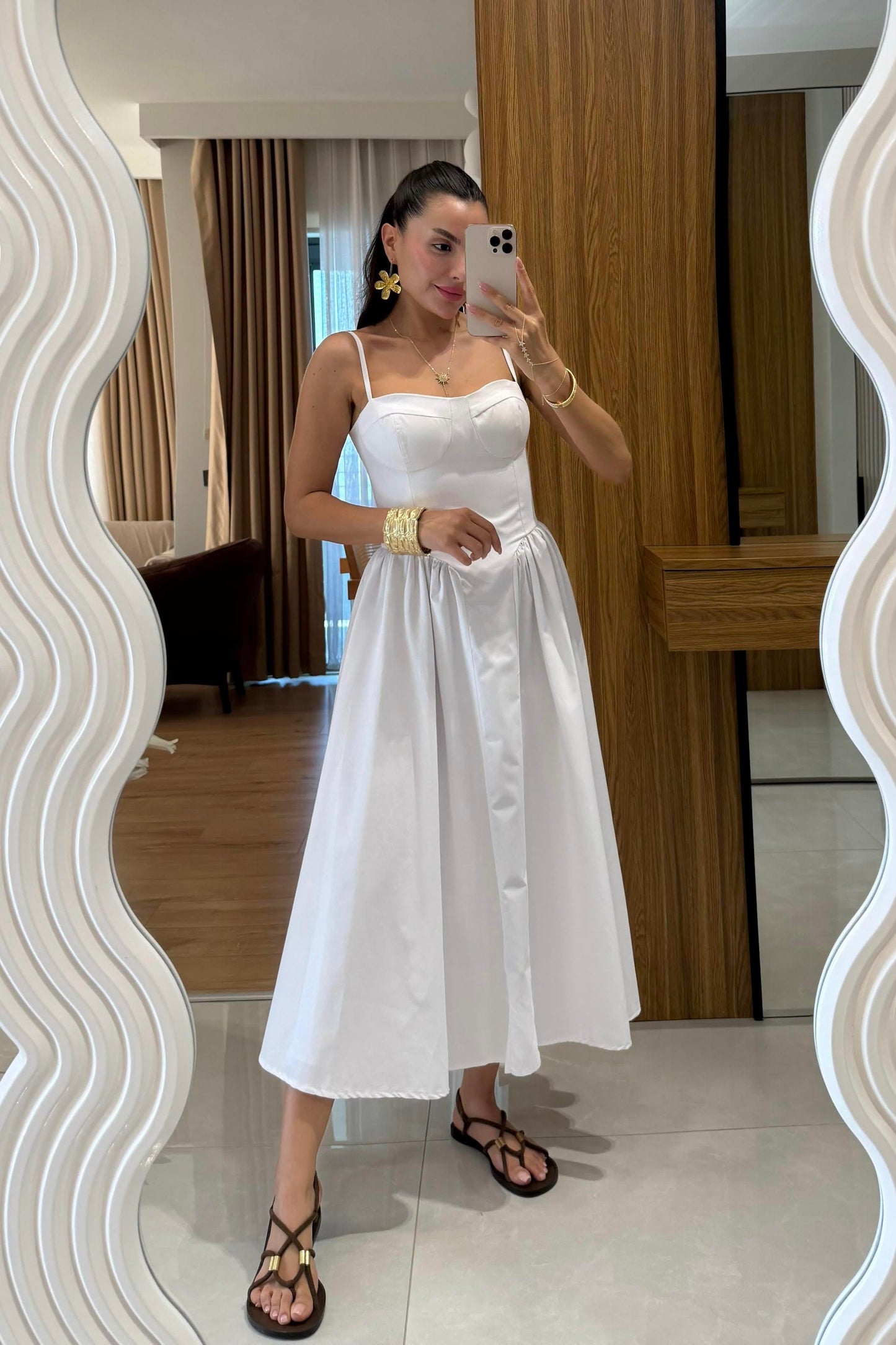 Virel Beyaz Askılı Poplin Elbise