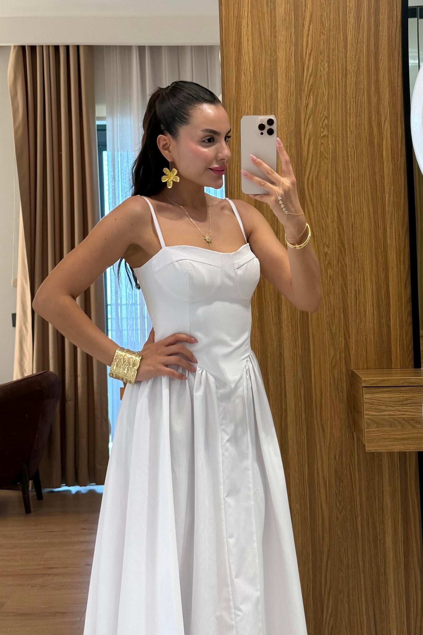 Virel Beyaz Askılı Poplin Elbise