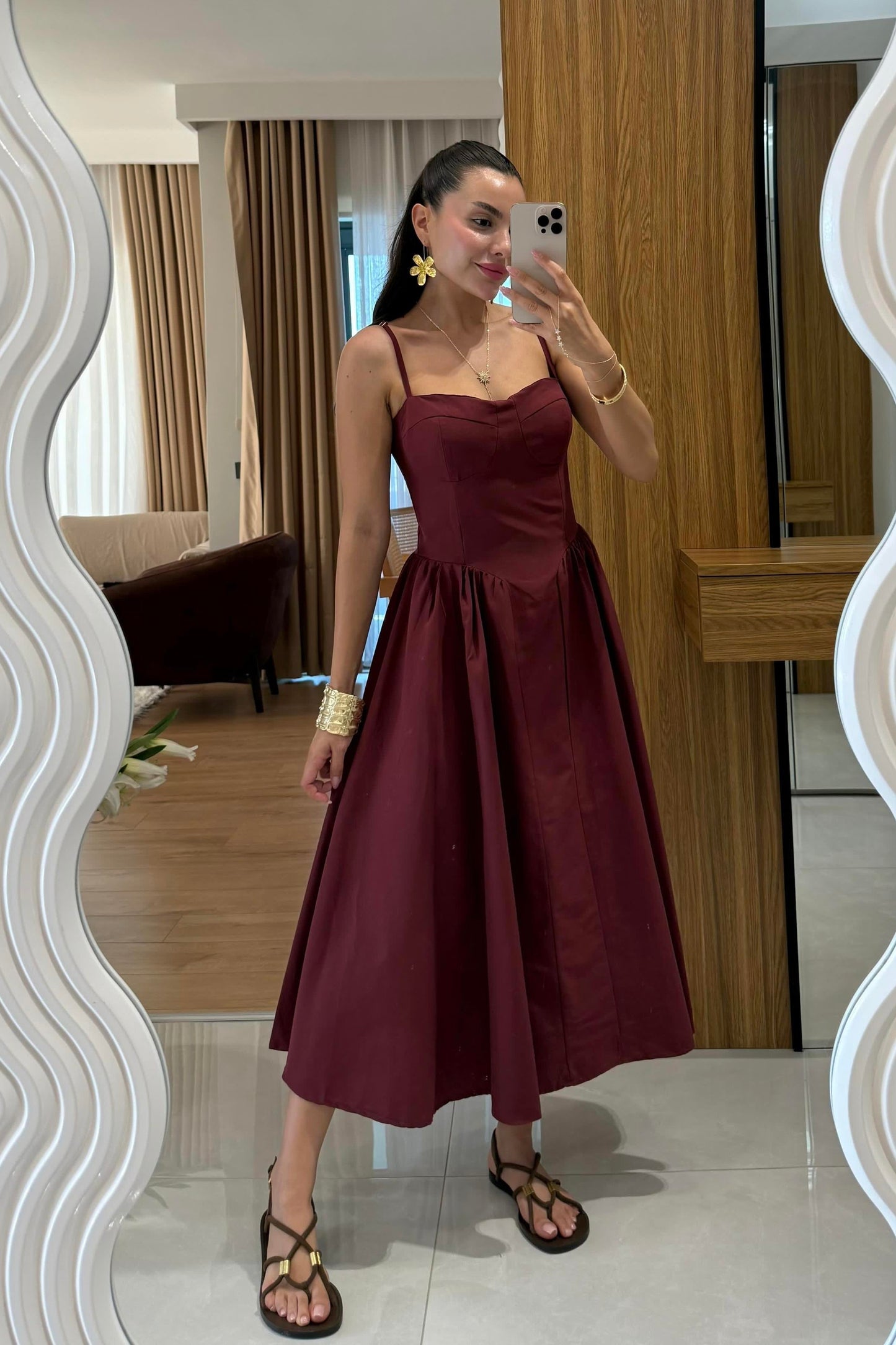 Virel Bordo Askılı Poplin Elbise