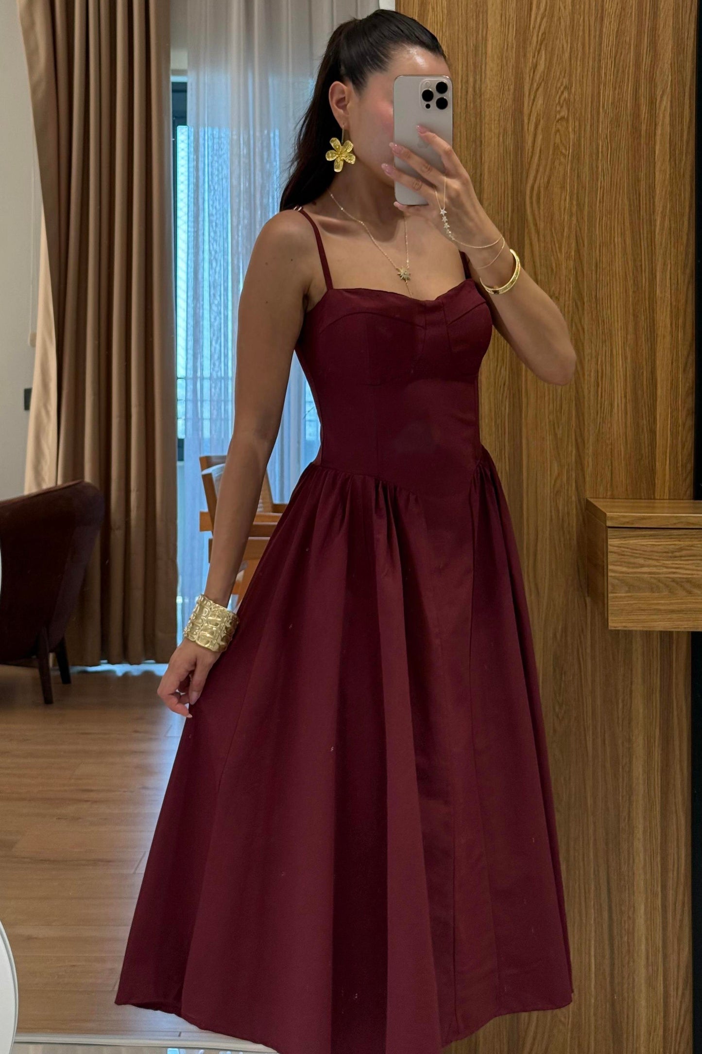 Virel Bordo Askılı Poplin Elbise