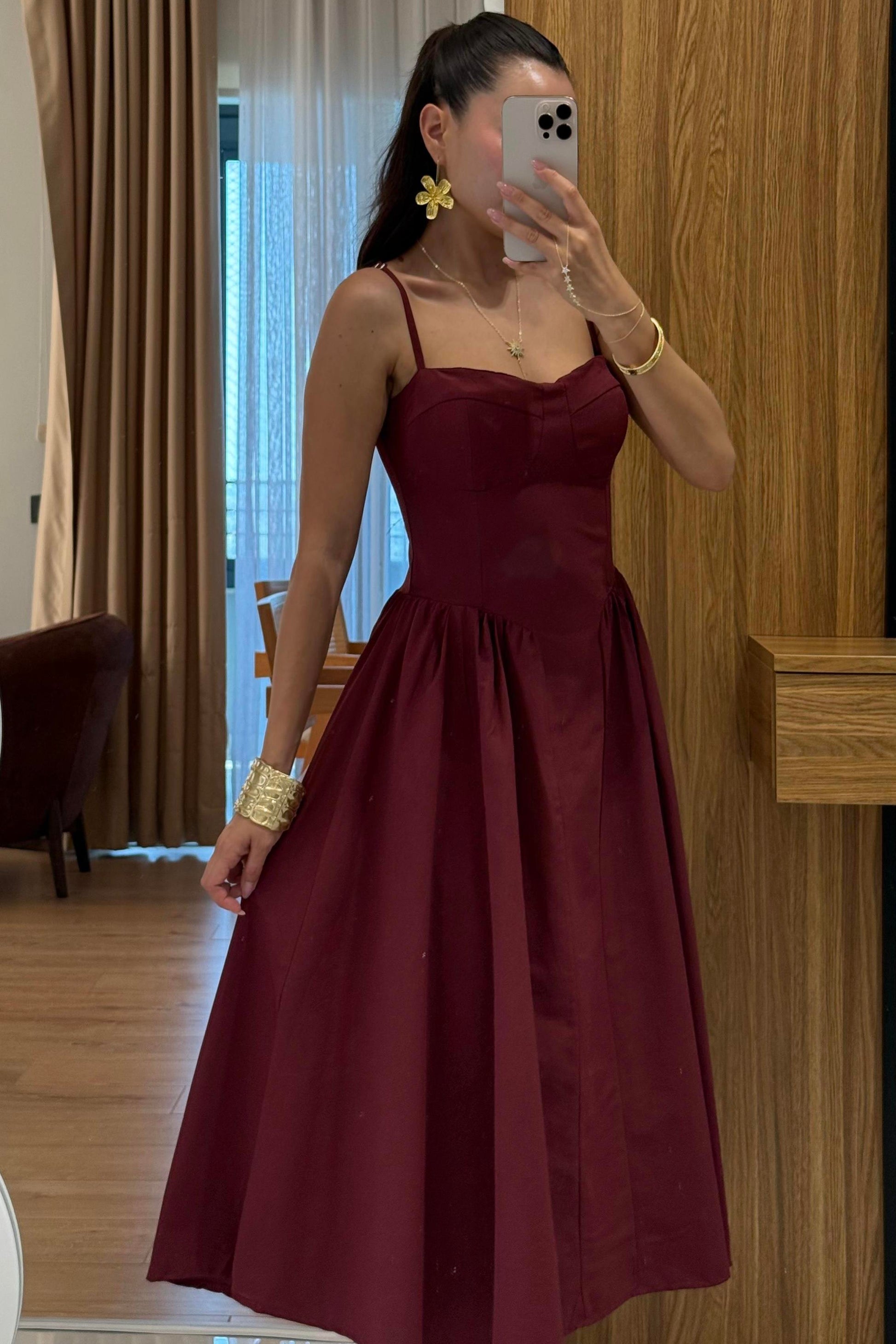 Virel Bordo Askılı Poplin Elbise