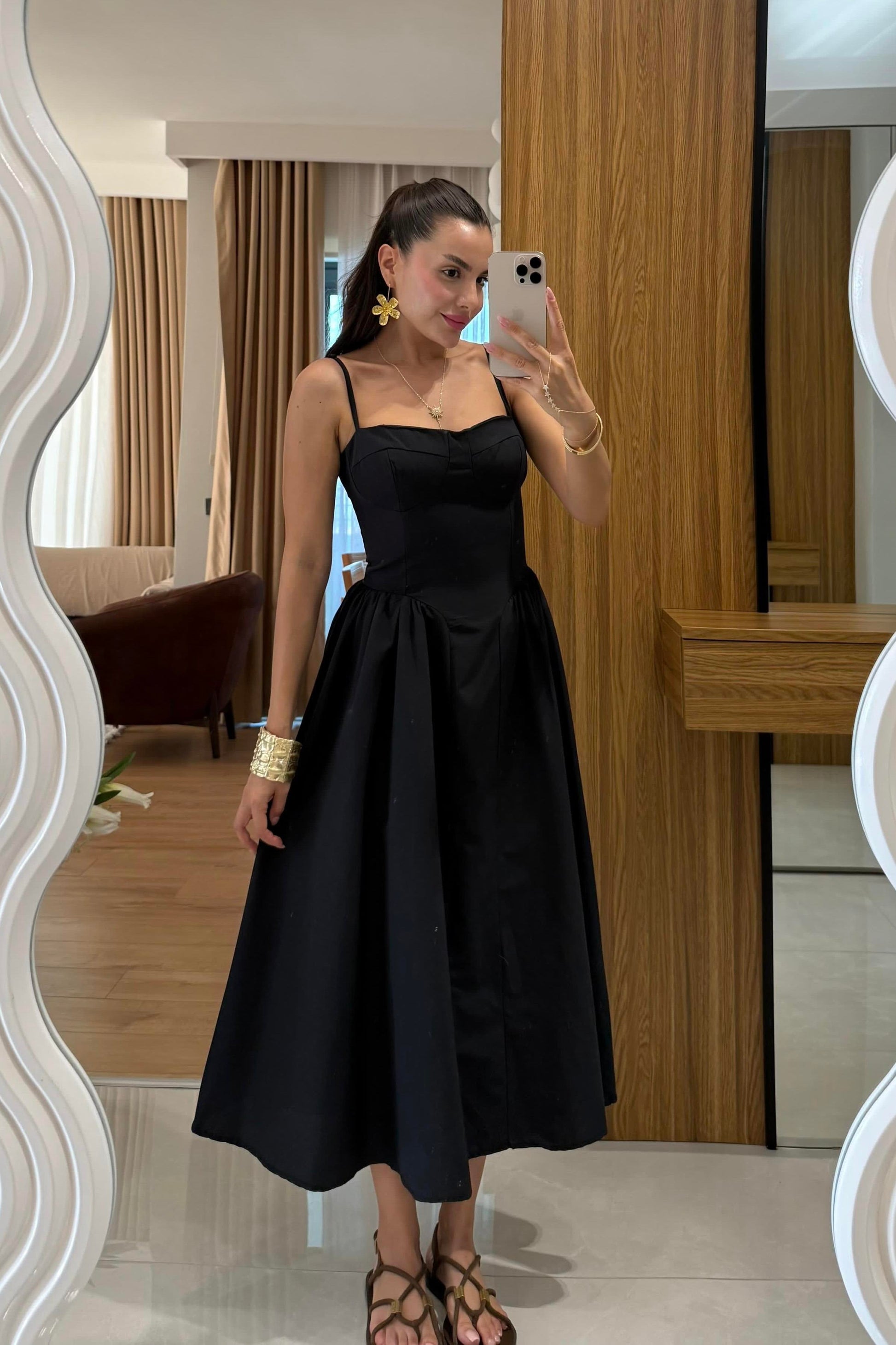 Virel Siyah Askılı Poplin Elbise