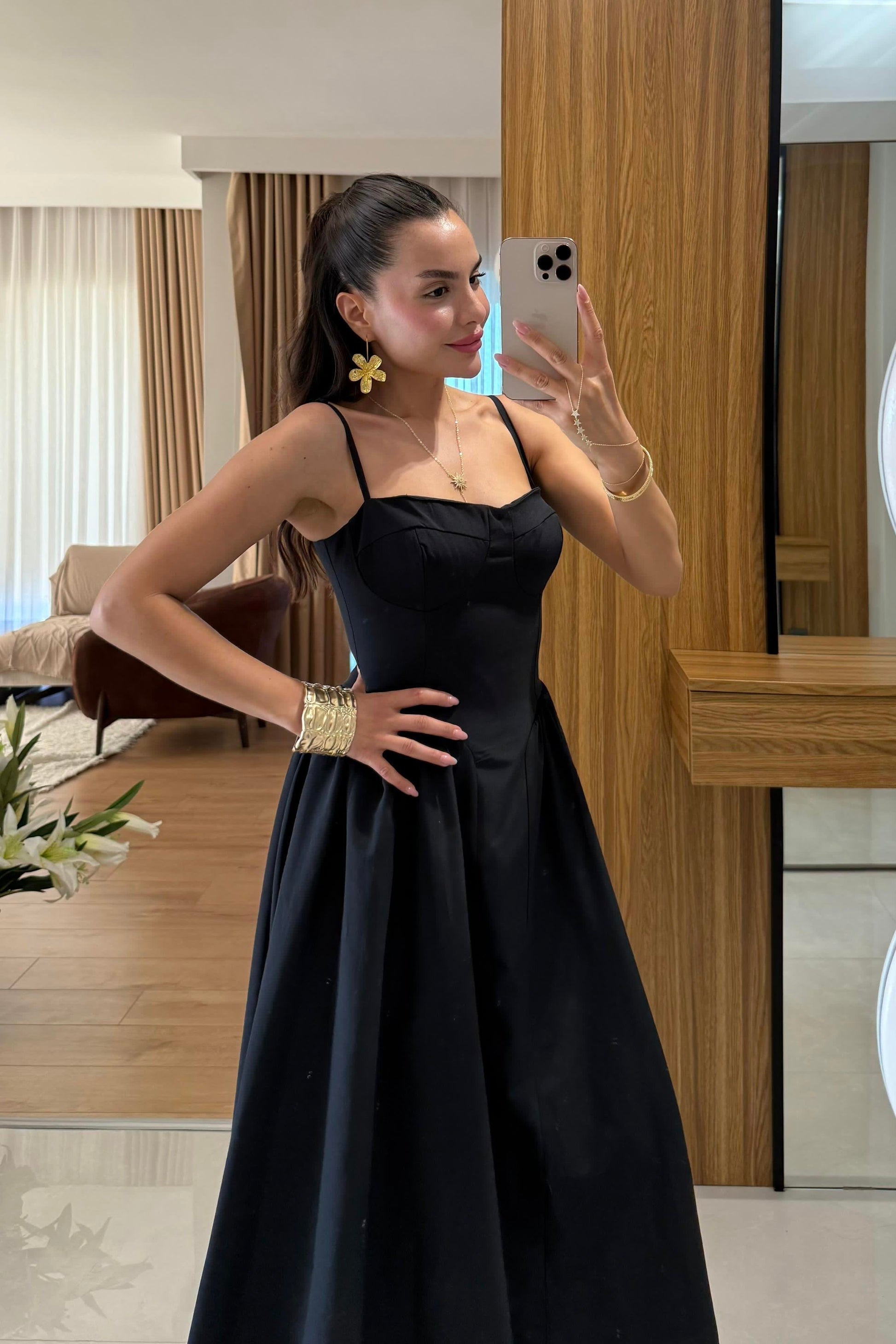 Virel Siyah Askılı Poplin Elbise