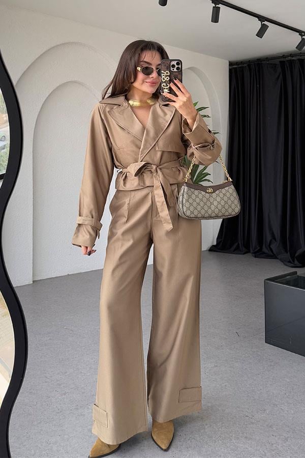 Virgie Tensel Parlak Camel Takım