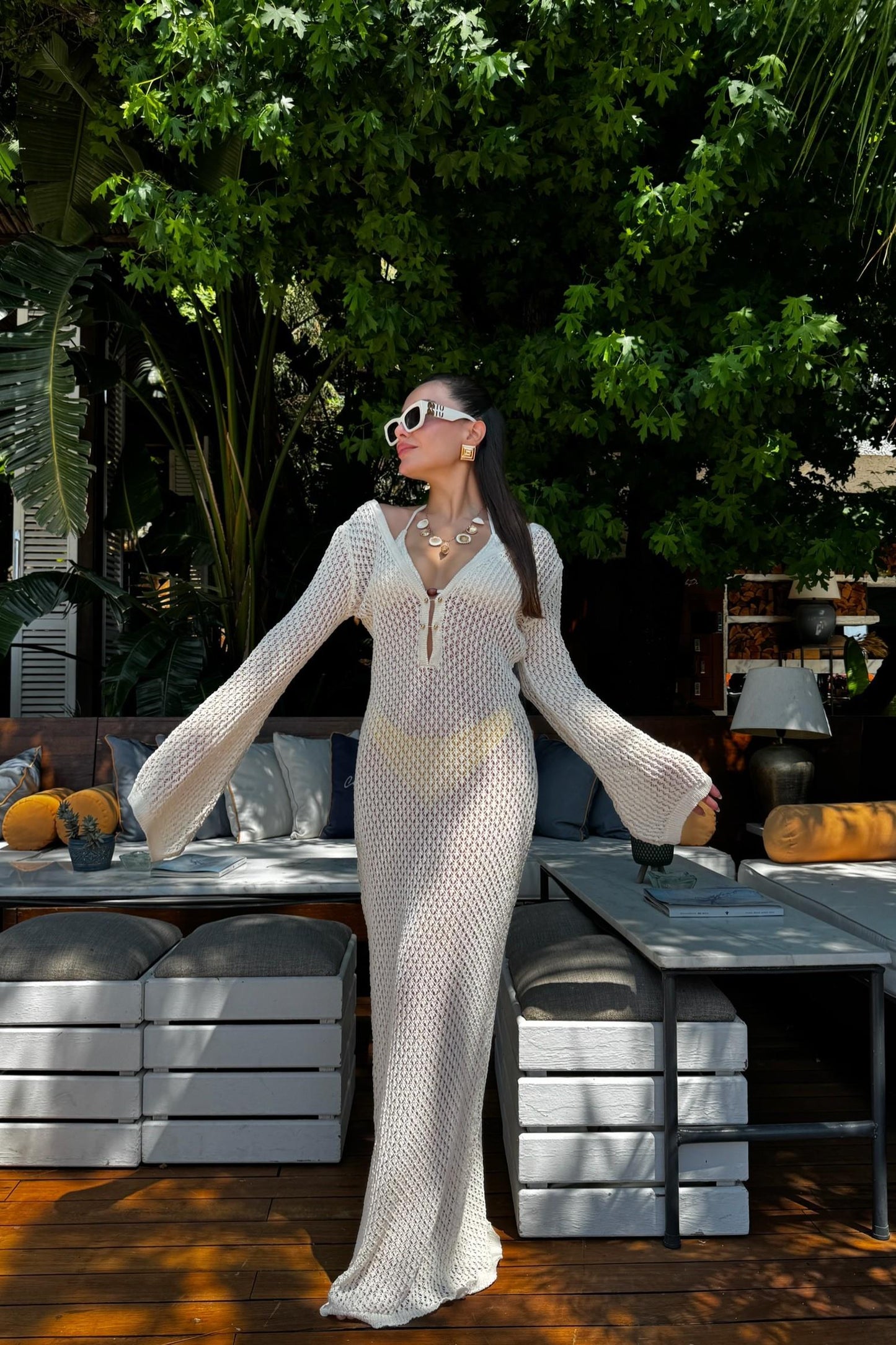 Visal Ekru Ajurlu Plaj Elbisesi