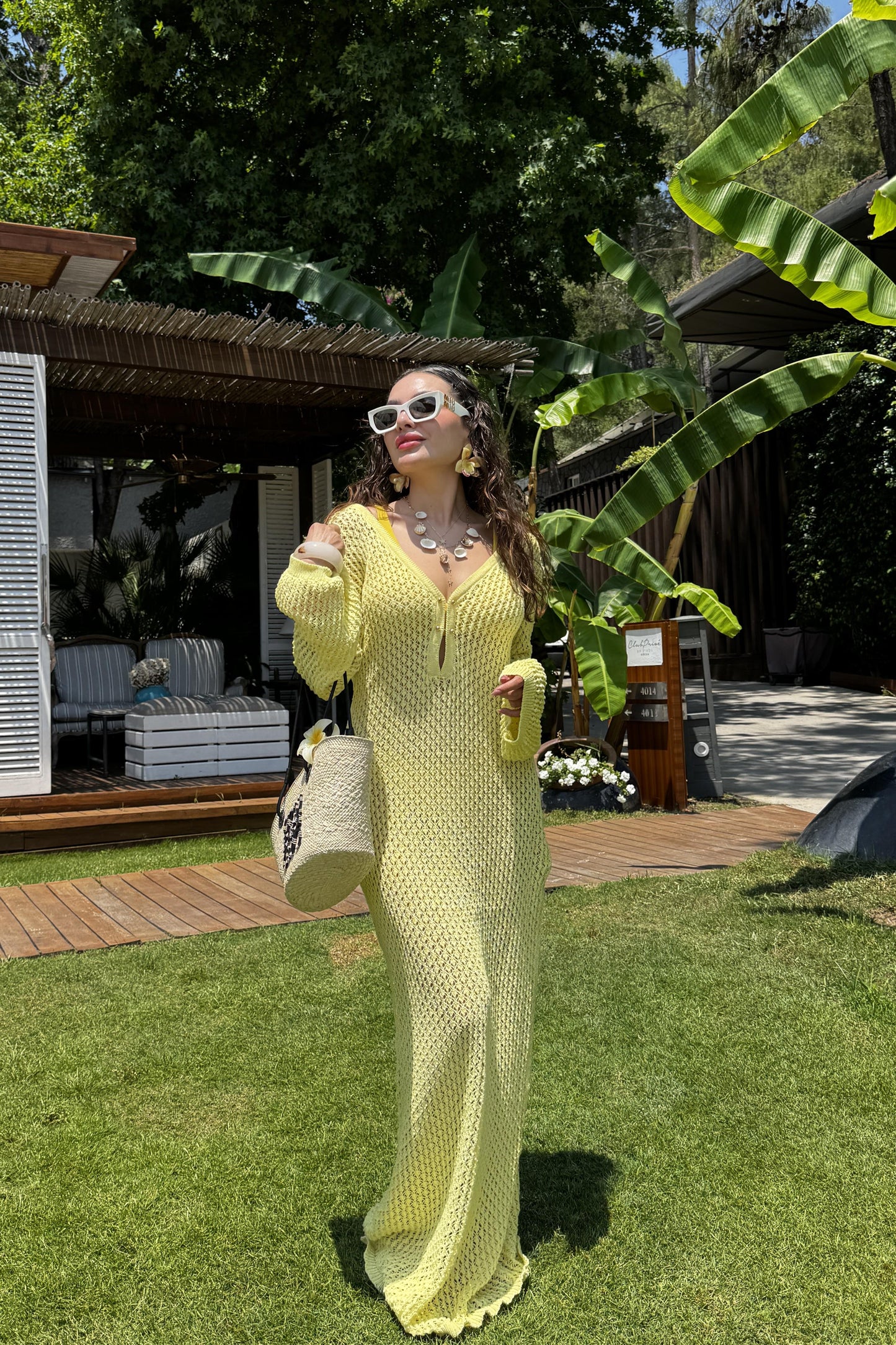 Visal Sarı Ajurlu Plaj Elbisesi