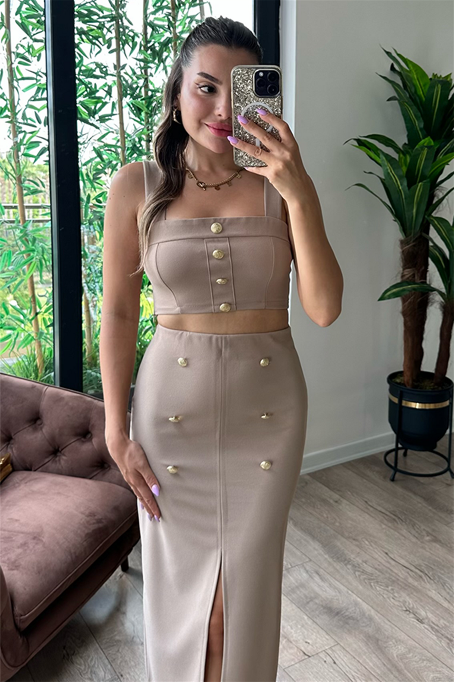 Vista gold düğmeli ikili takım - Camel