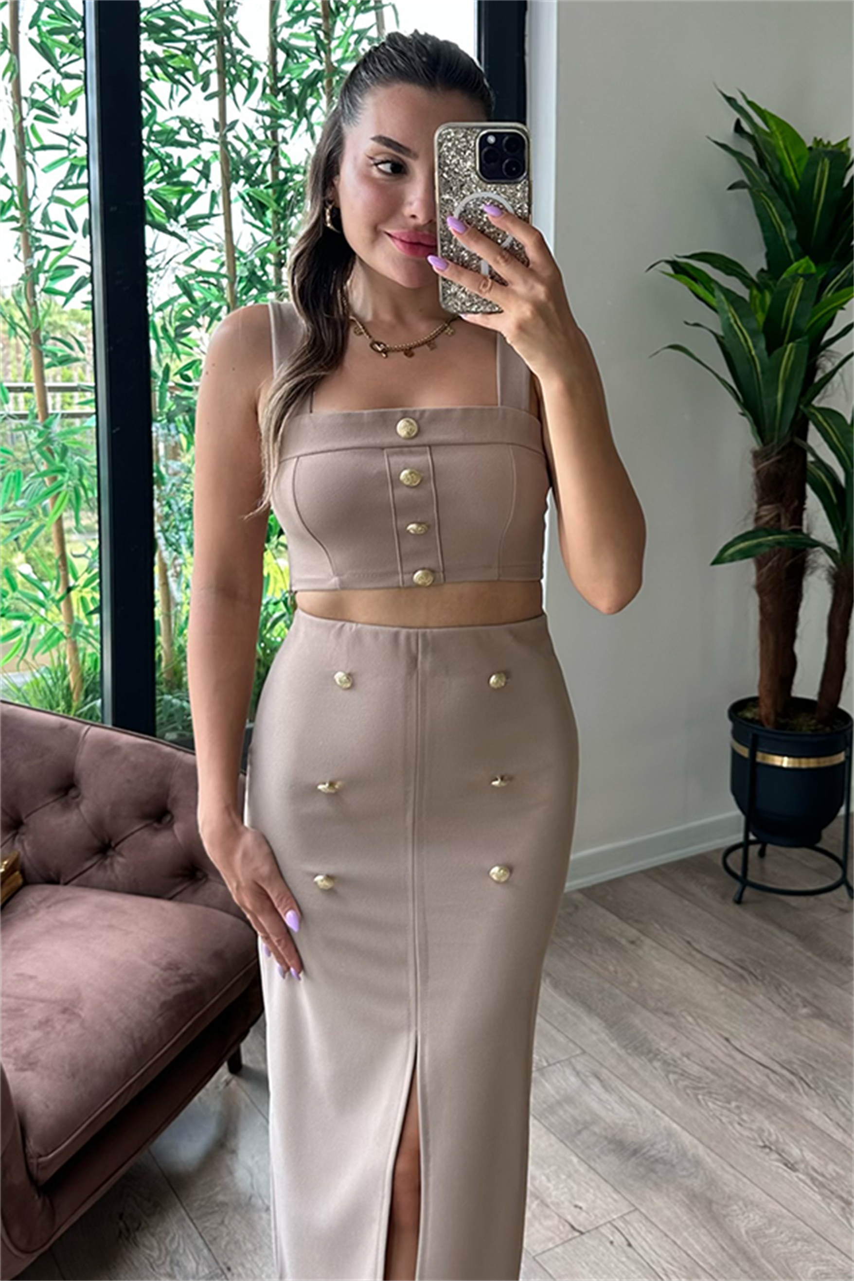 Vista gold düğmeli ikili takım - Camel