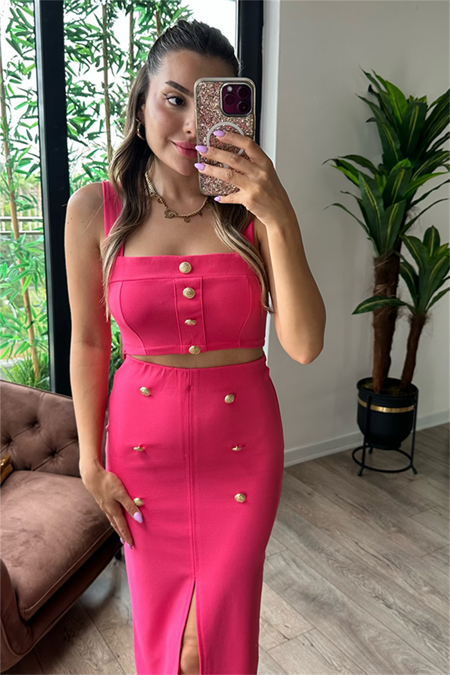 Vista gold düğmeli ikili takım - Pembe