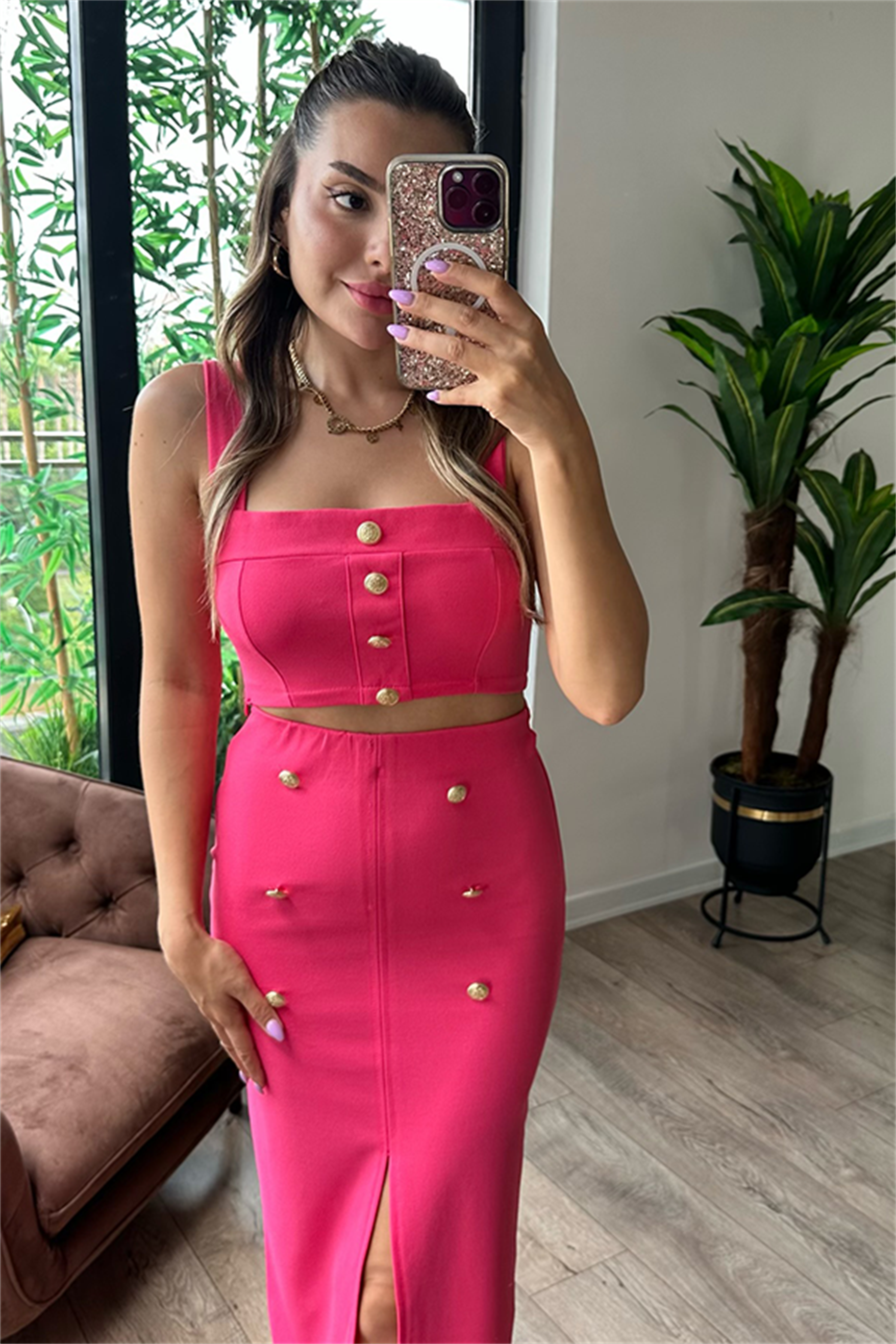 Vista gold düğmeli ikili takım - Pembe