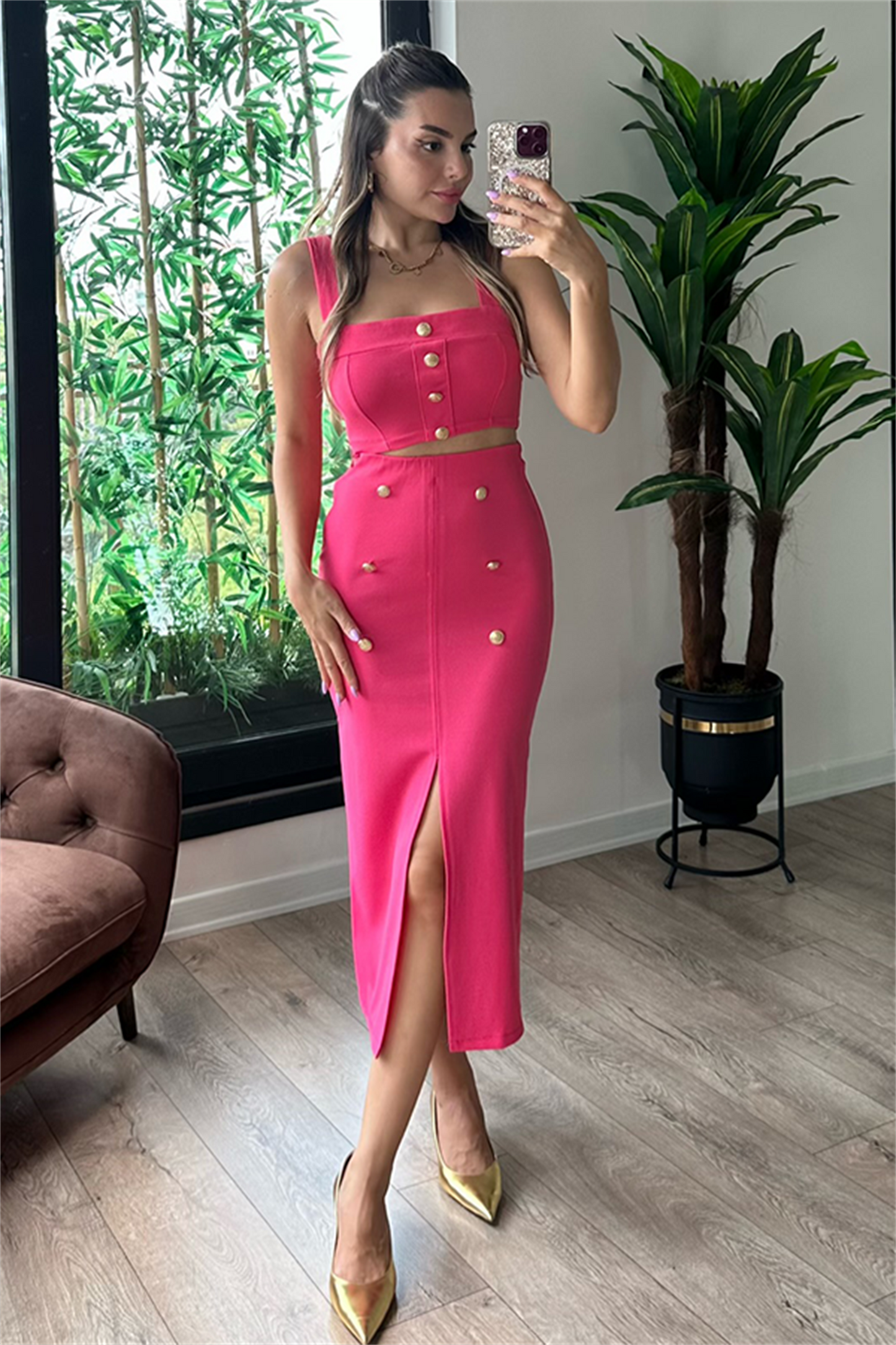 Vista gold düğmeli ikili takım - Pembe