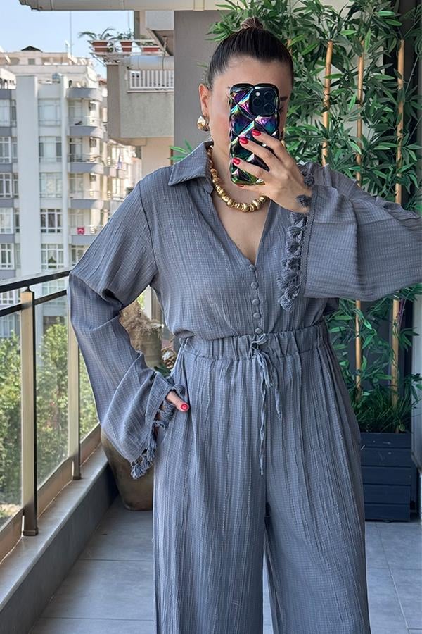 Viva Kolları Püsküllü Gömlek Pantolon Takım - Füme