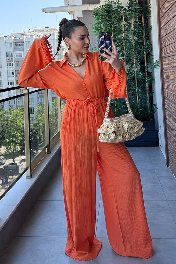 Viva Kolları Püsküllü Gömlek Pantolon Takım - Turuncu
