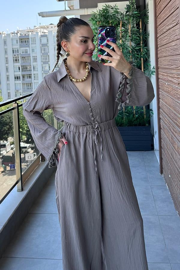 Viva Kolları Püsküllü Gömlek Pantolon Takım - Vizon