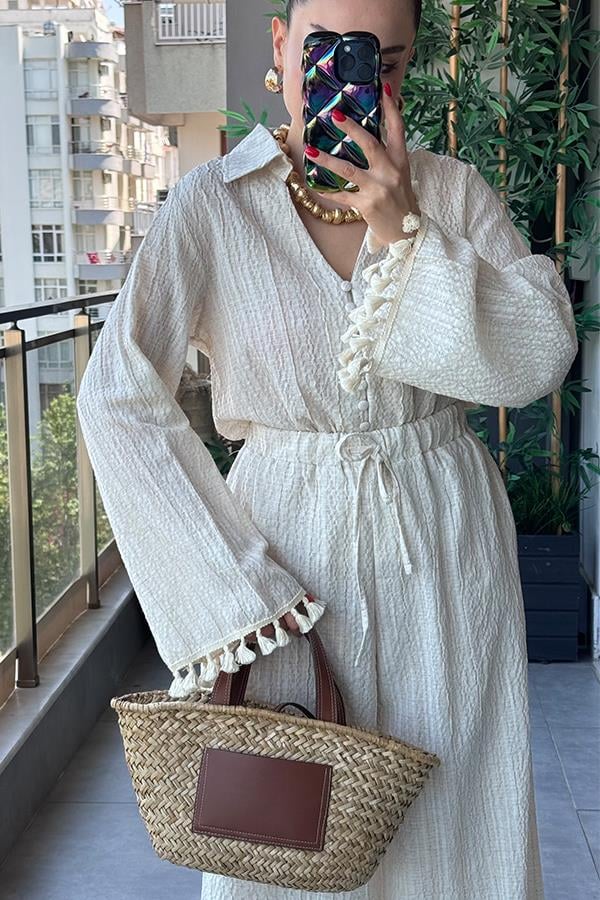 Viva Kolları Püsküllü Gömlek Pantolon Takım - Ekru