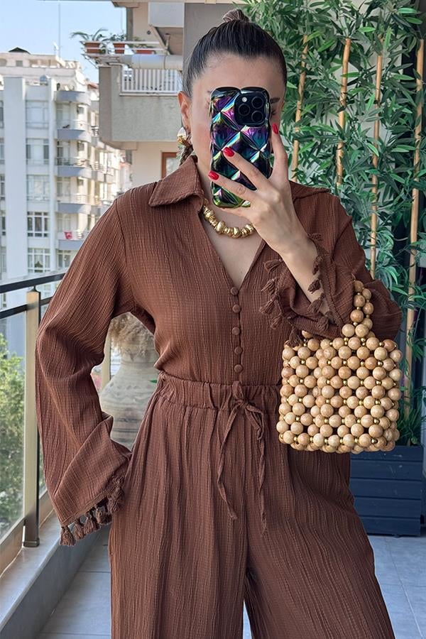 Viva Kolları Püsküllü Gömlek Pantolon Takım - Acı Kahve