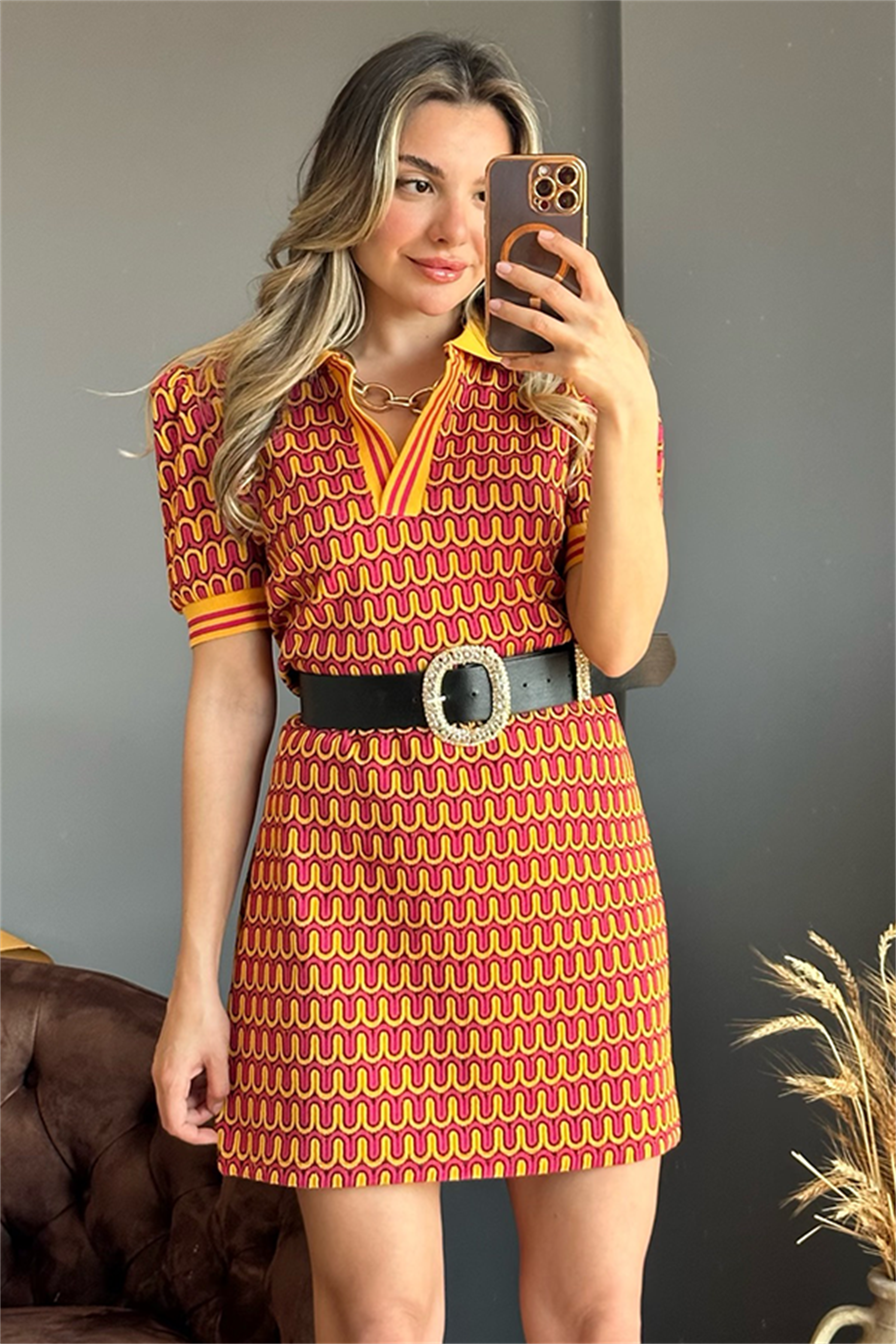 Vivenra karpuz kol pembe sarı romantik elbise