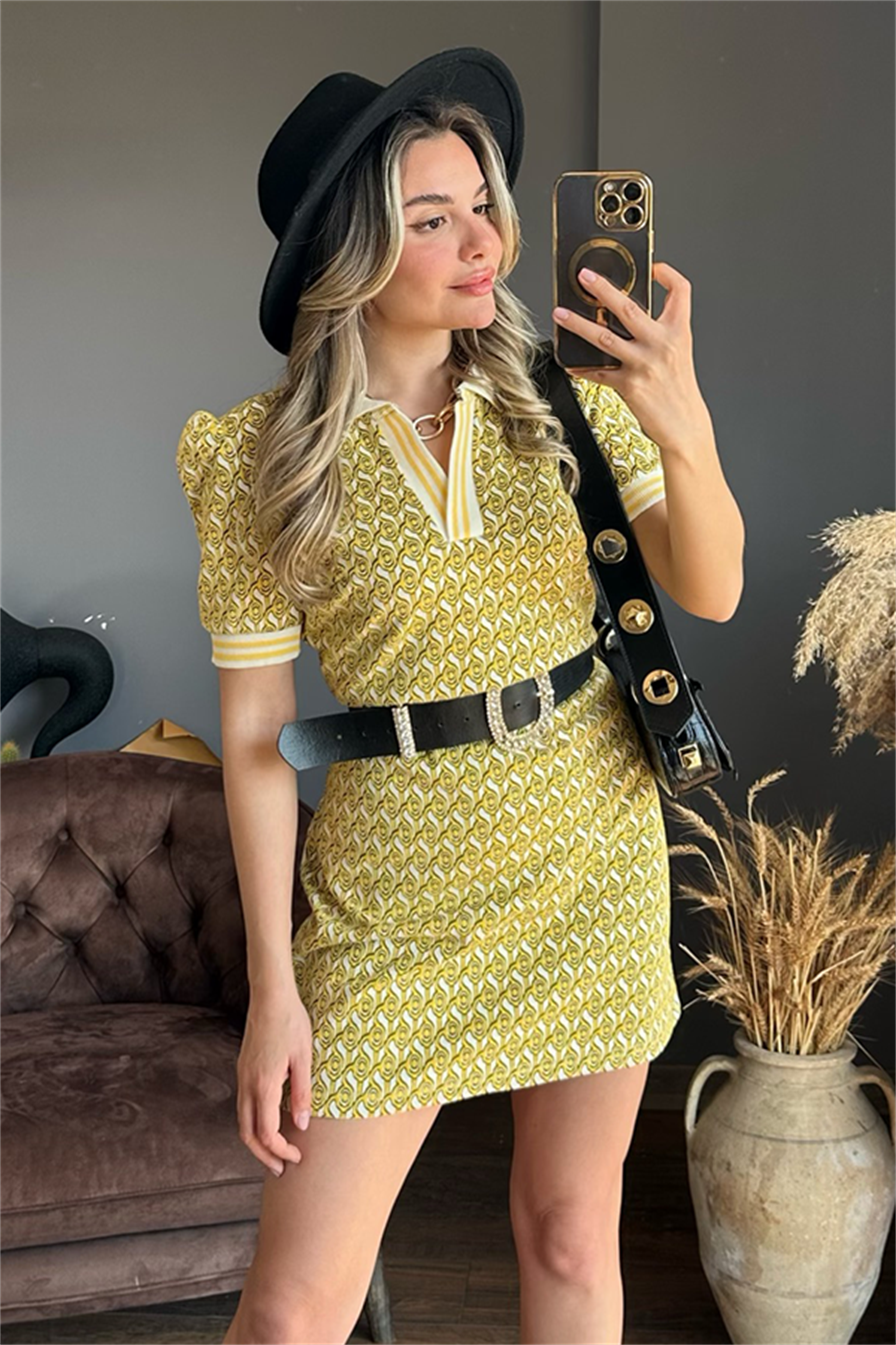 Vivenra karpuz kol sarı geçişli romantik elbise