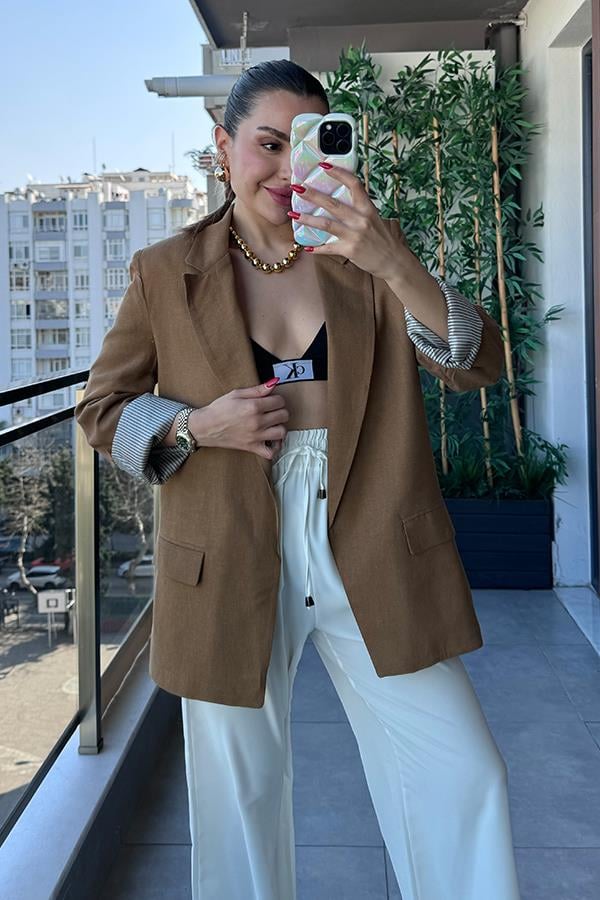 Vivenra Keten Blazer Ceket - Kahve