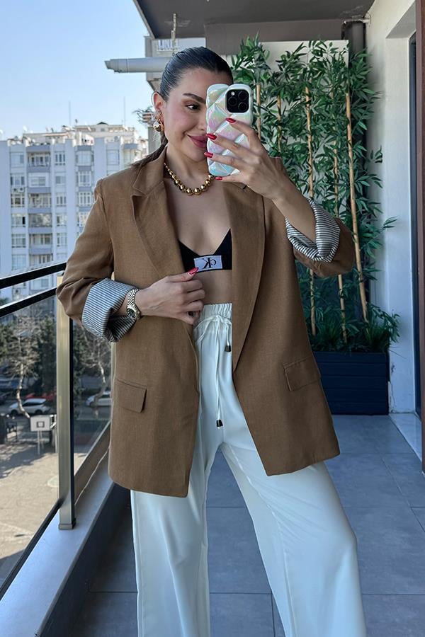 Vivenra Keten Blazer Ceket - Kahve