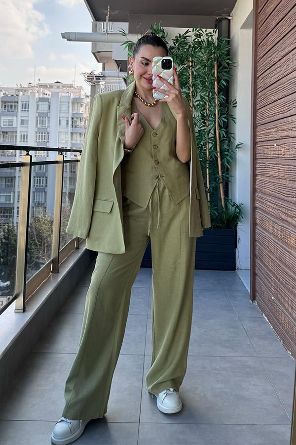 Vivenra Keten Blazer Ceket - Yağ Yeşil