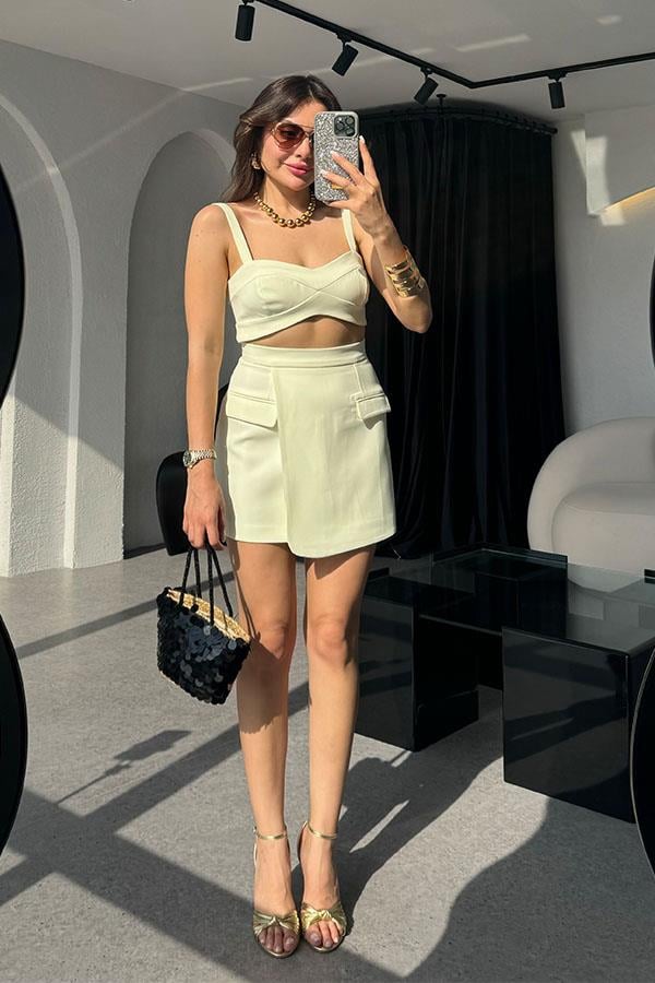 Viyana Cep Detaylı Premium Etek-Crop Takım-Sarı