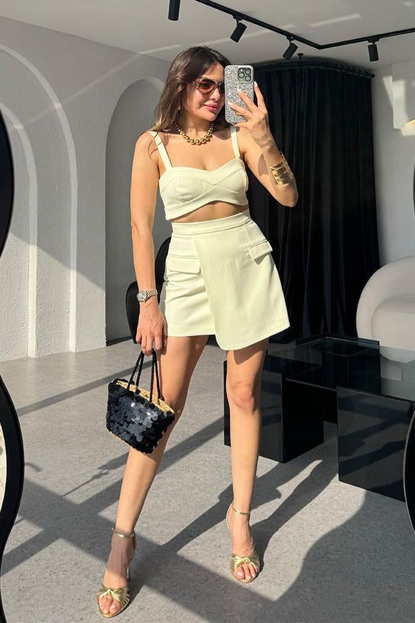 Viyana Cep Detaylı Premium Etek-Crop Takım-Sarı