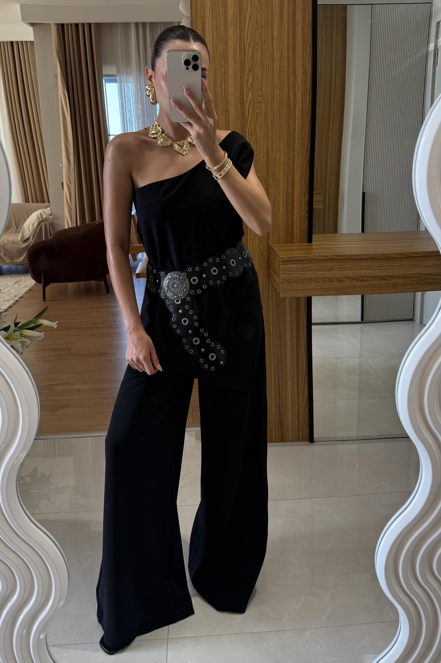 Waldra Siyah Tek Kol Asimetrik Pantolon Takım